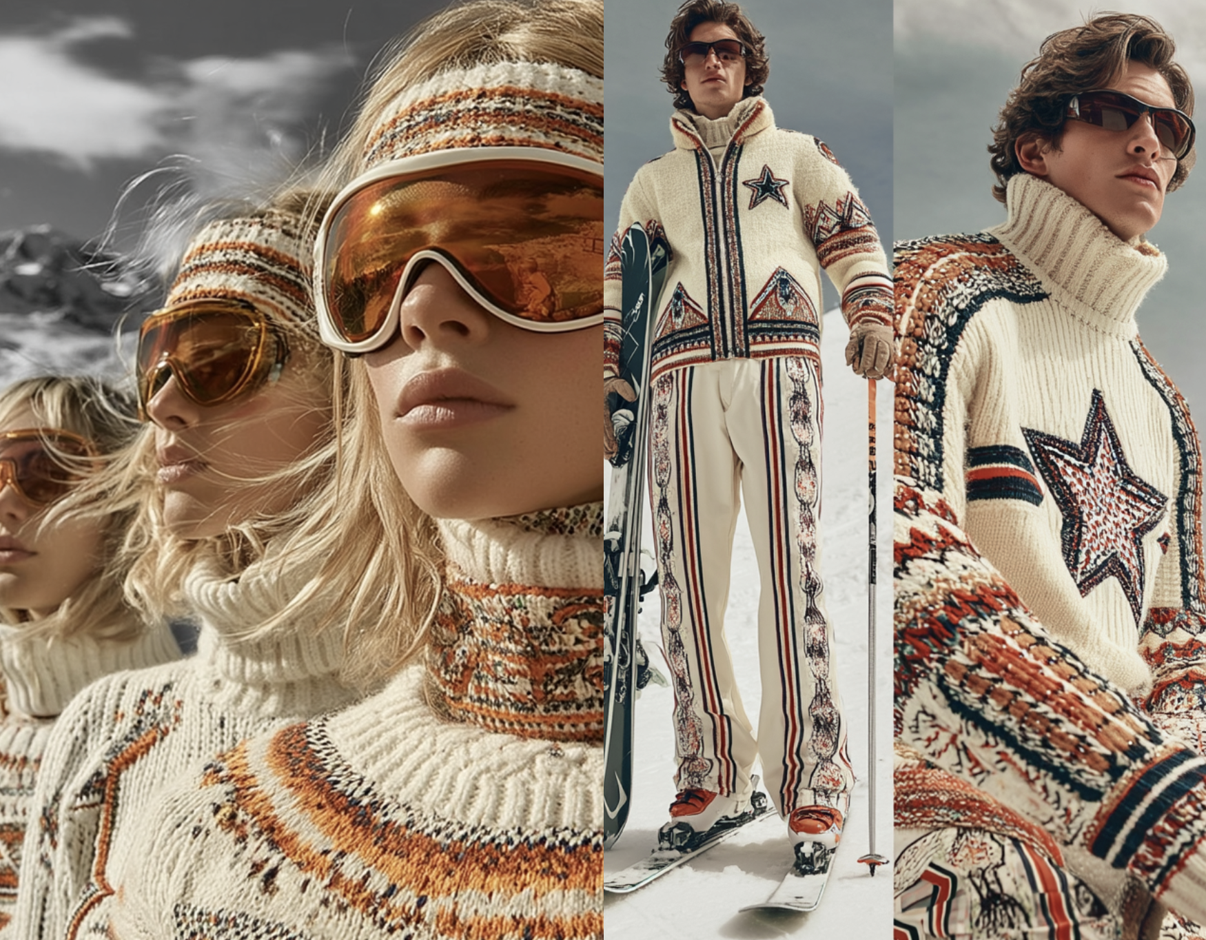 KI-generiertes Visual mit drei Models in Wintermode mit Skibrille vor alpiner Berg- und Schneekulisse im Kontext der Olympischen Spiele 2026, erstellt mit Nani von imagespy.