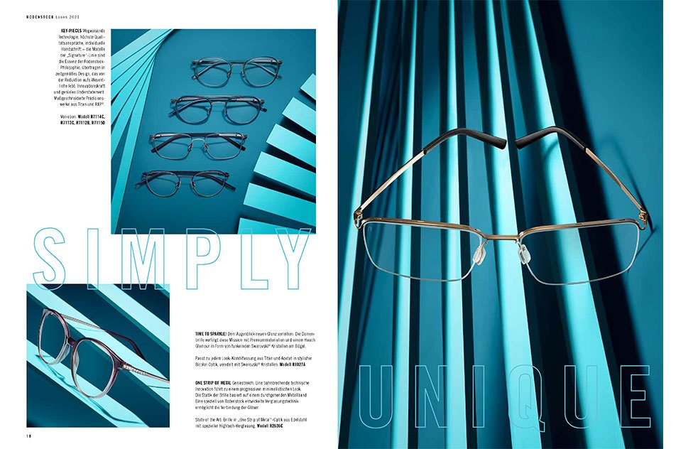 Rodenstock Lookbook 2021 Seite 18/19 „Simply Unique“ mit Brillen vor blauem Hintergrund, umgesetzt von imagespy.