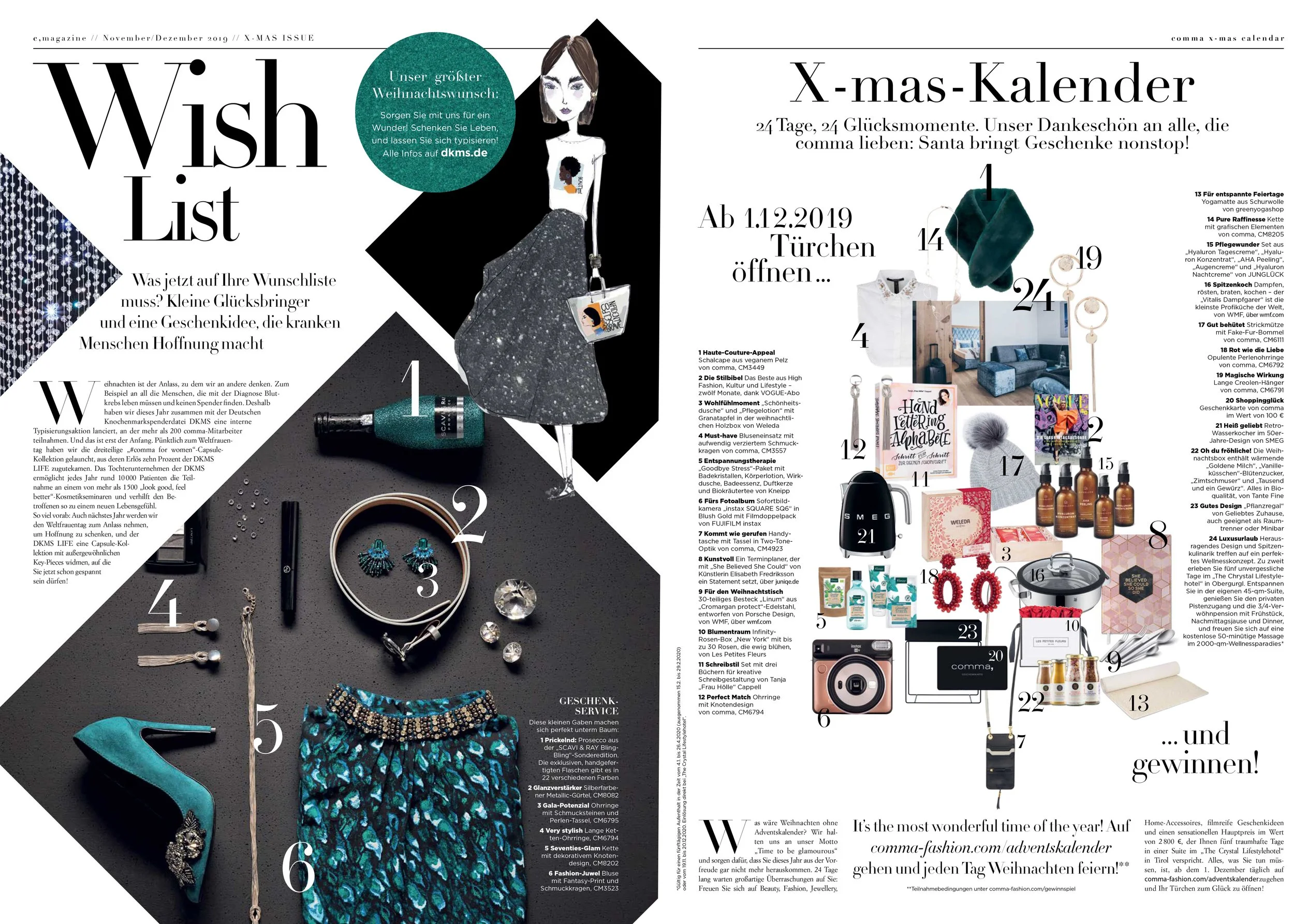Editorial-Layout von imagespy für das comma XMas Newspaper: Wunschliste mit Fashion-Illustration und Charity-Kooperation für DKMS.