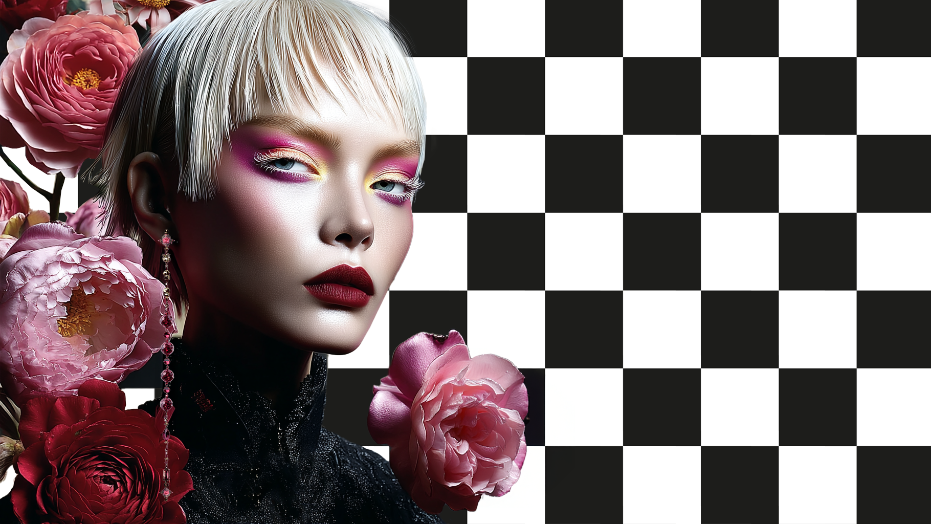 Hyperästhetisches Portrait-Close-up von imagespy: Erstellt mit dem KI-Tool Nani, zeigt es innovatives Make-up-Design, platinblonde Haare und Schachbrett-Elemente.