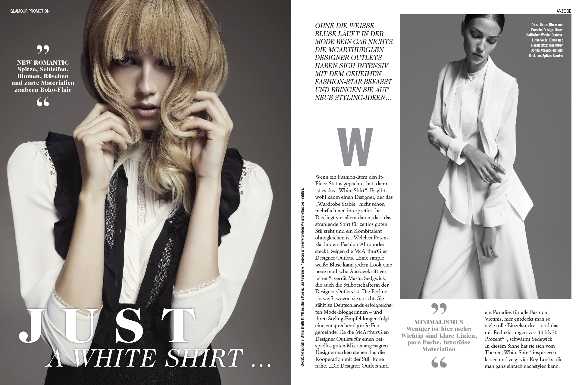 McArthurGlen High-End-Fashion Advertorial in GLAMOUR: Doppelseite mit zwei Bildmotiven zum Thema „Just a white Shirt“, weiße Bluse romantisch und minimalistisch inszeniert, umgesetzt von imagespy.
