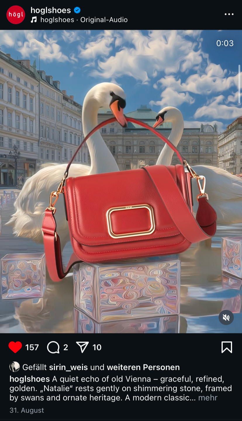 KI-gestützte Kampagnen-Inszenierung von imagespy für Högl: Die rote Handtasche „Natalie“ schwebt vor zwei weißen Schwänen und der historischen Architektur Wiens auf schimmernden Glasquadern.