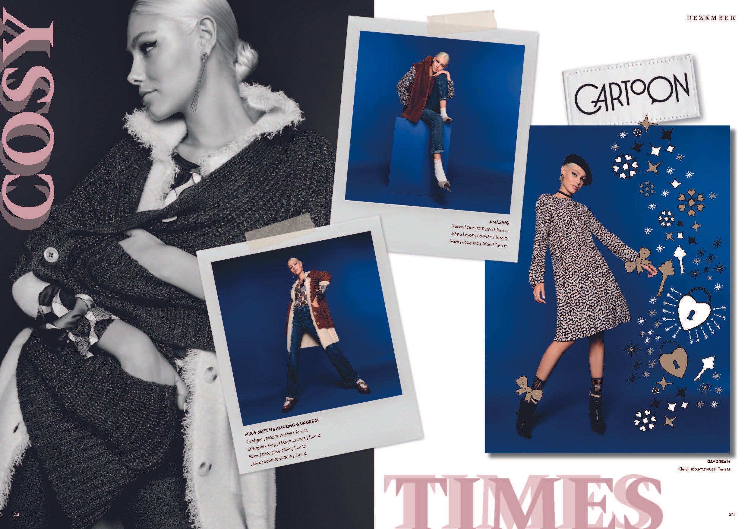 Doppelseite „Cosy Times“ aus dem Cartoon Fashion Diary FW2024: Cardigan mit Jeans und gemusterter Bluse sowie grafisch gemustertes Kleid – kreative Dezember-Looks, inspiriert vom Motto „Wear your Optimism“, inszeniert von imagespy.