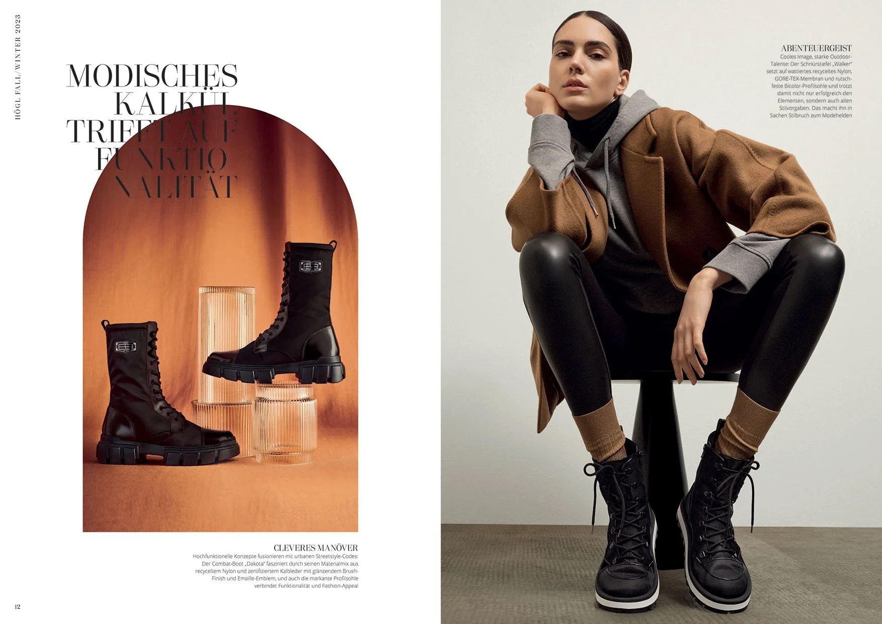 Doppelseite der Högl Newspaper F/W 2023 mit Combat-Boot „Dakota“ und Schnürstiefel „Walker“, urbaner Streetstyle von imagespy.