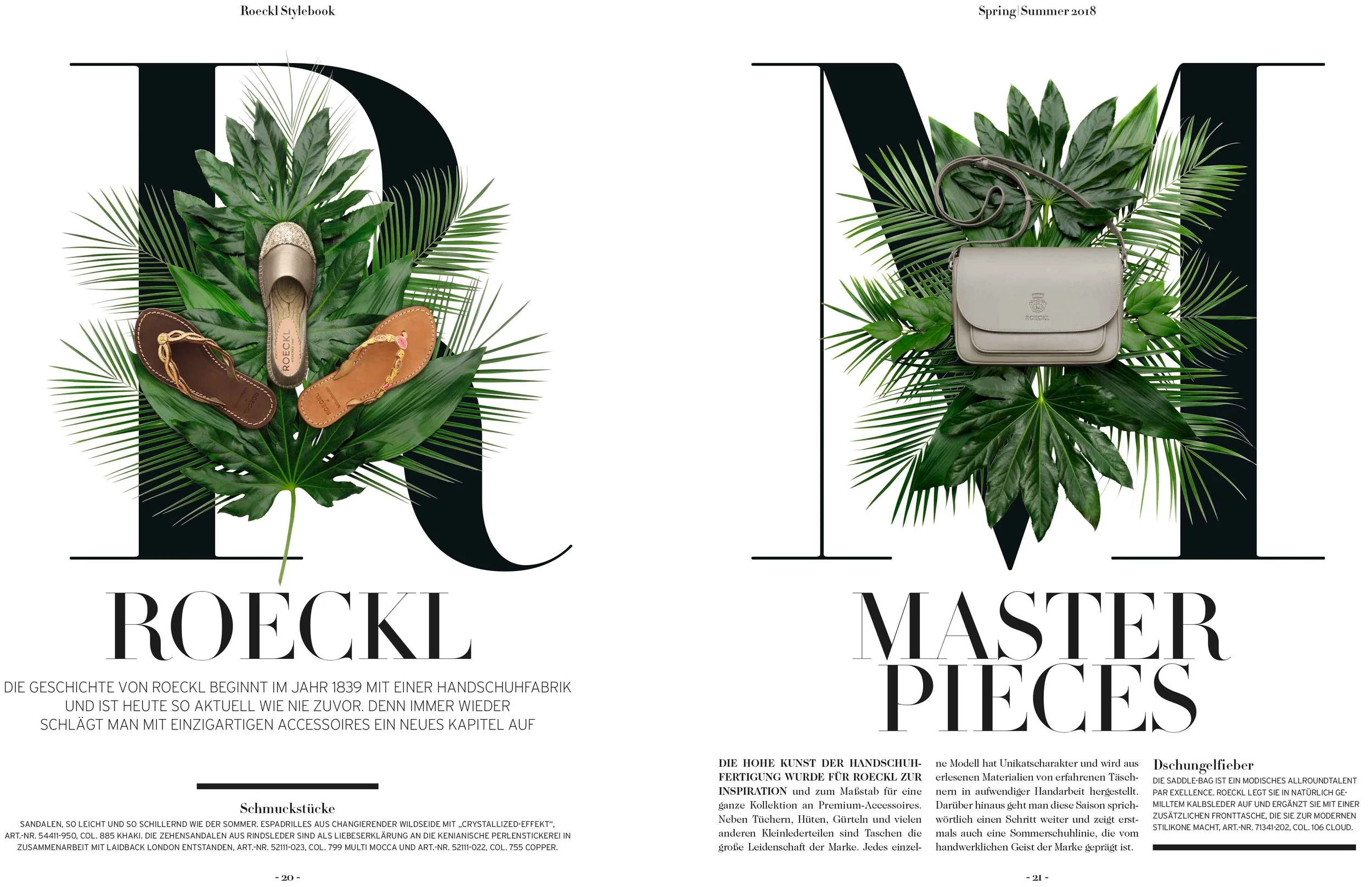 Roeckl Stylebook Spring/Summer 2018 Doppelseite 20/21 „Roeckl Master Pieces“ mit Sandalen und grauer Saddle Bag auf tropischen Blättern, umgesetzt von imagespy.