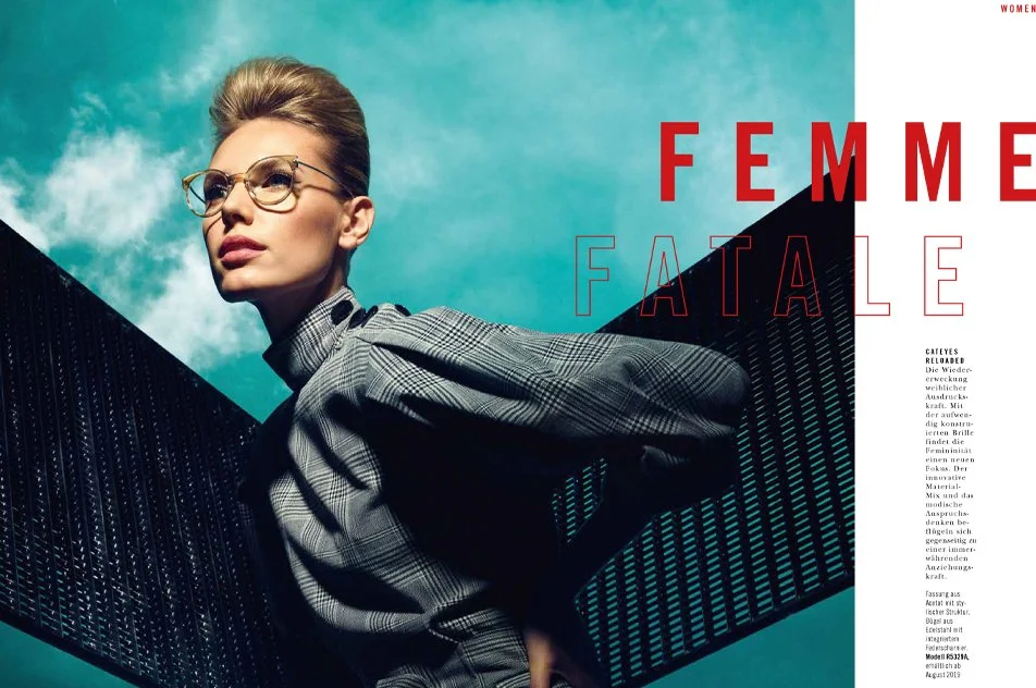 Rodenstock Lookbook 2019 Seite 6/7 „Femme Fatal“ mit selbstbewusster Frau in Cateye Brille, umgesetzt von imagespy.