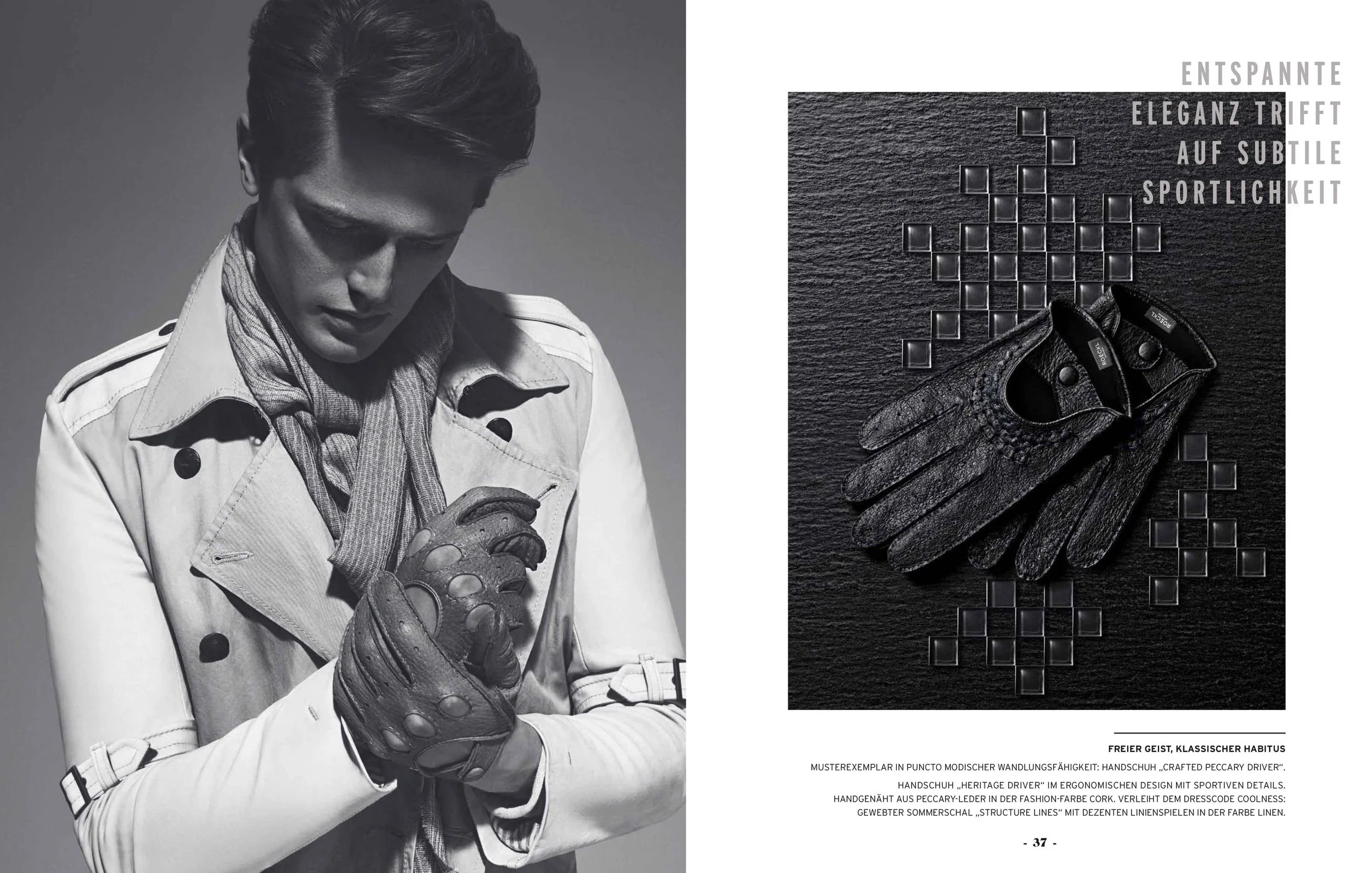 Roeckl Magazine Spring/Summer 2017 Doppelseite 36/37 „Entspannte Eleganz“ mit Mann im Trenchcoat und Driver-Handschuh-Stilllife, umgesetzt von imagespy.
