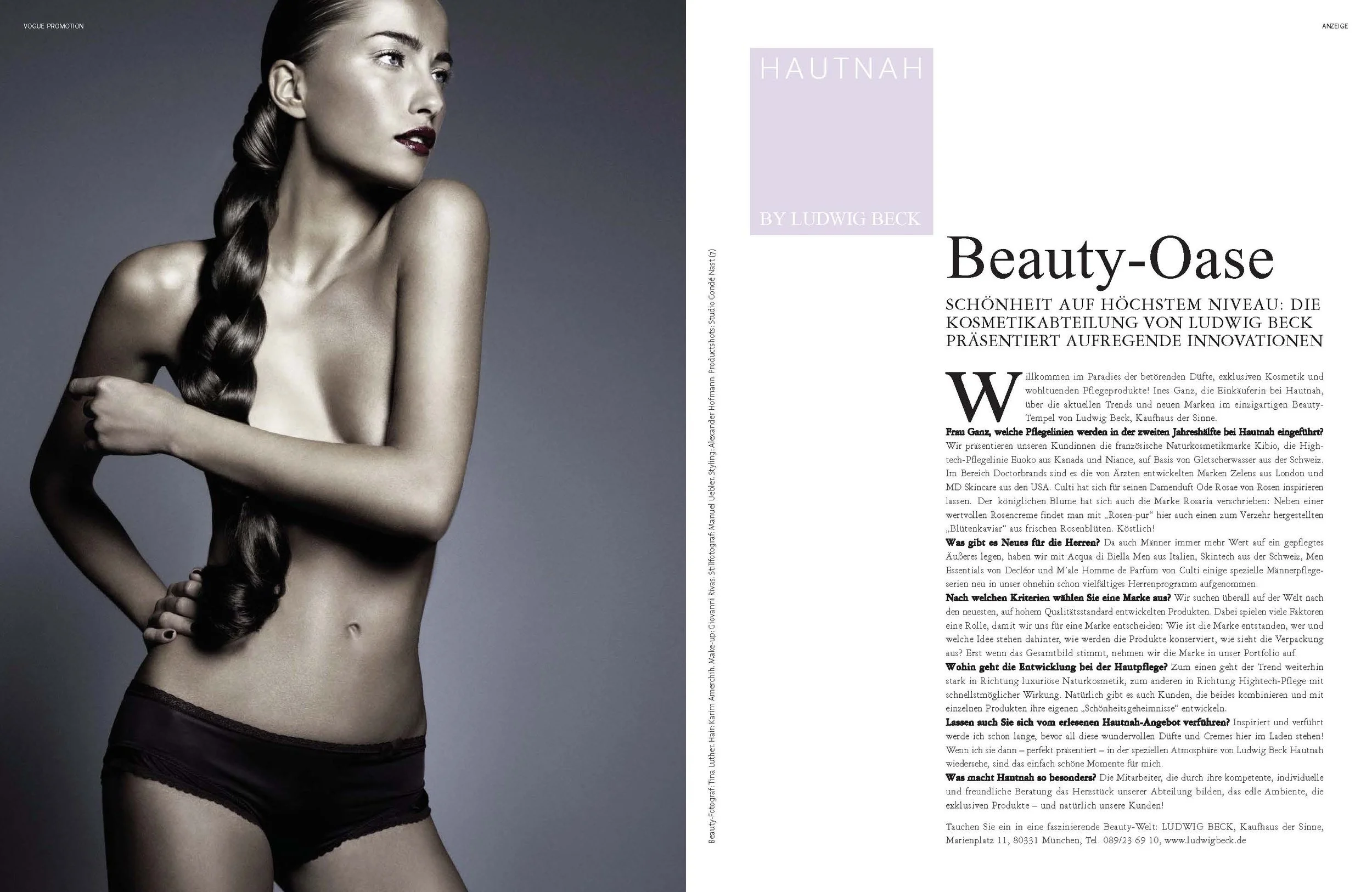 VOGUE Beauty Editorial Seite Hautnah by Ludwig Beck, umgesetzt von imagespy, Frau mit langem geflochtenem Zopf und Editorial-Text Beauty-Oase, minimalistisches Design.