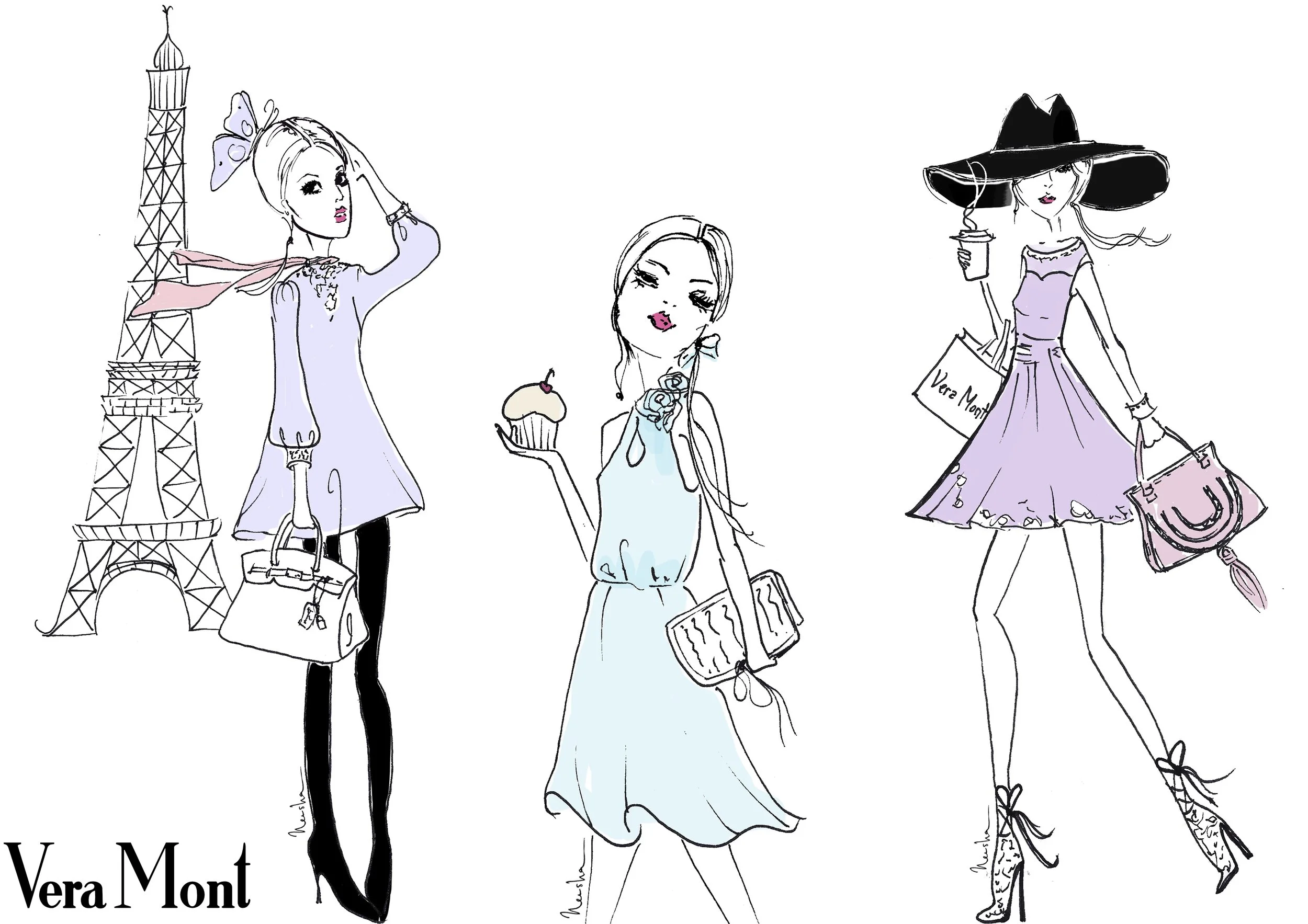 Drei Mode-Illustrationen von imagespy für Vera Mont im Pariser Chic-Stil: Elegante Frauenmotive für hochwertige Accessoires und Branding.