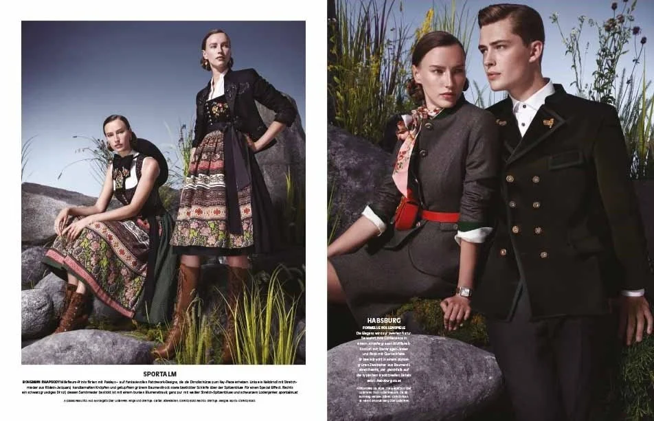 Doppelseite: Links zwei Models in gemusterten Sportalm Dirndl, rechts Couple in Habsburg Tracht – moderne Trachteninszenierung von imagespy für Vogue und Lodenfrey.