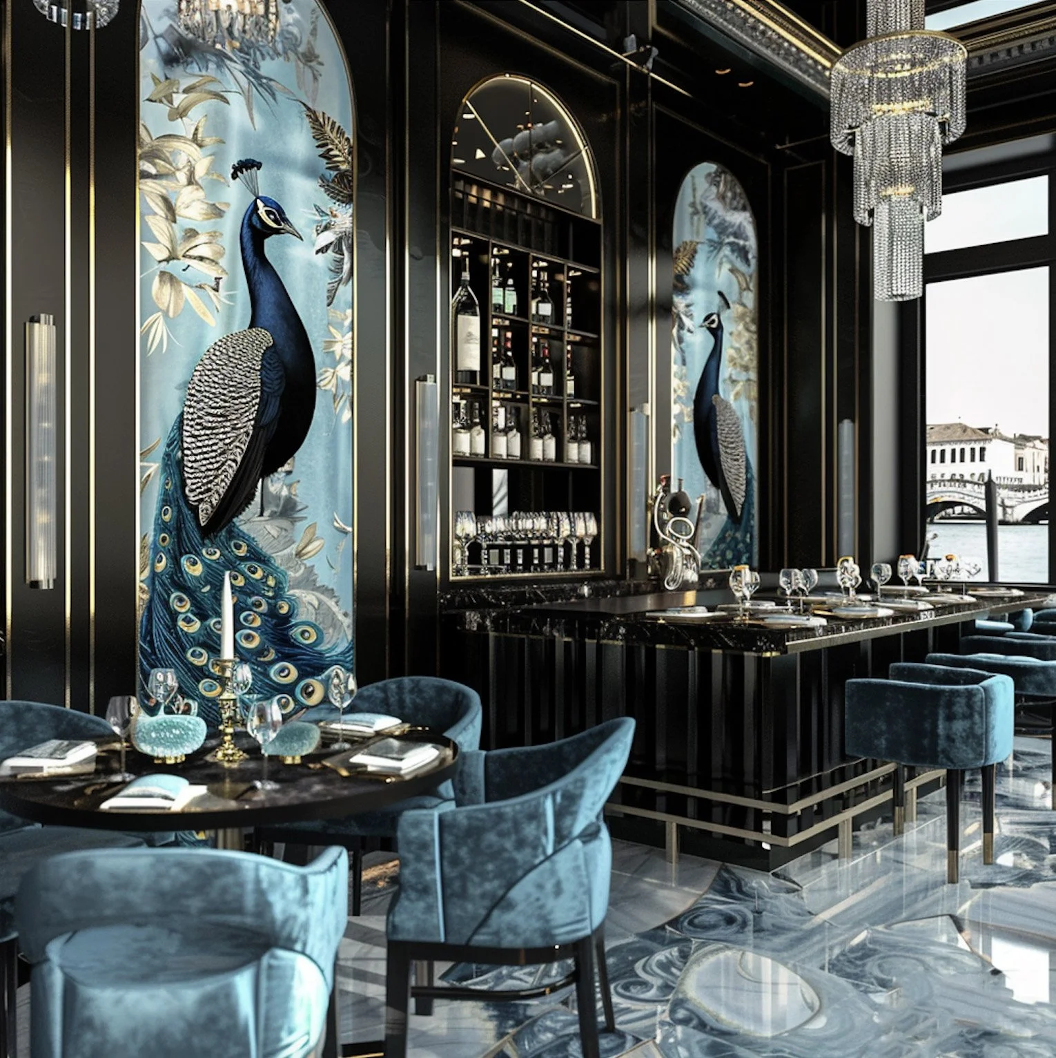 KI-generiertes Restaurant-Interior mit blauen Stühlen, Weinbar und Pfauenmurals für das Caffè Saraceno, Konzept von imagespy.