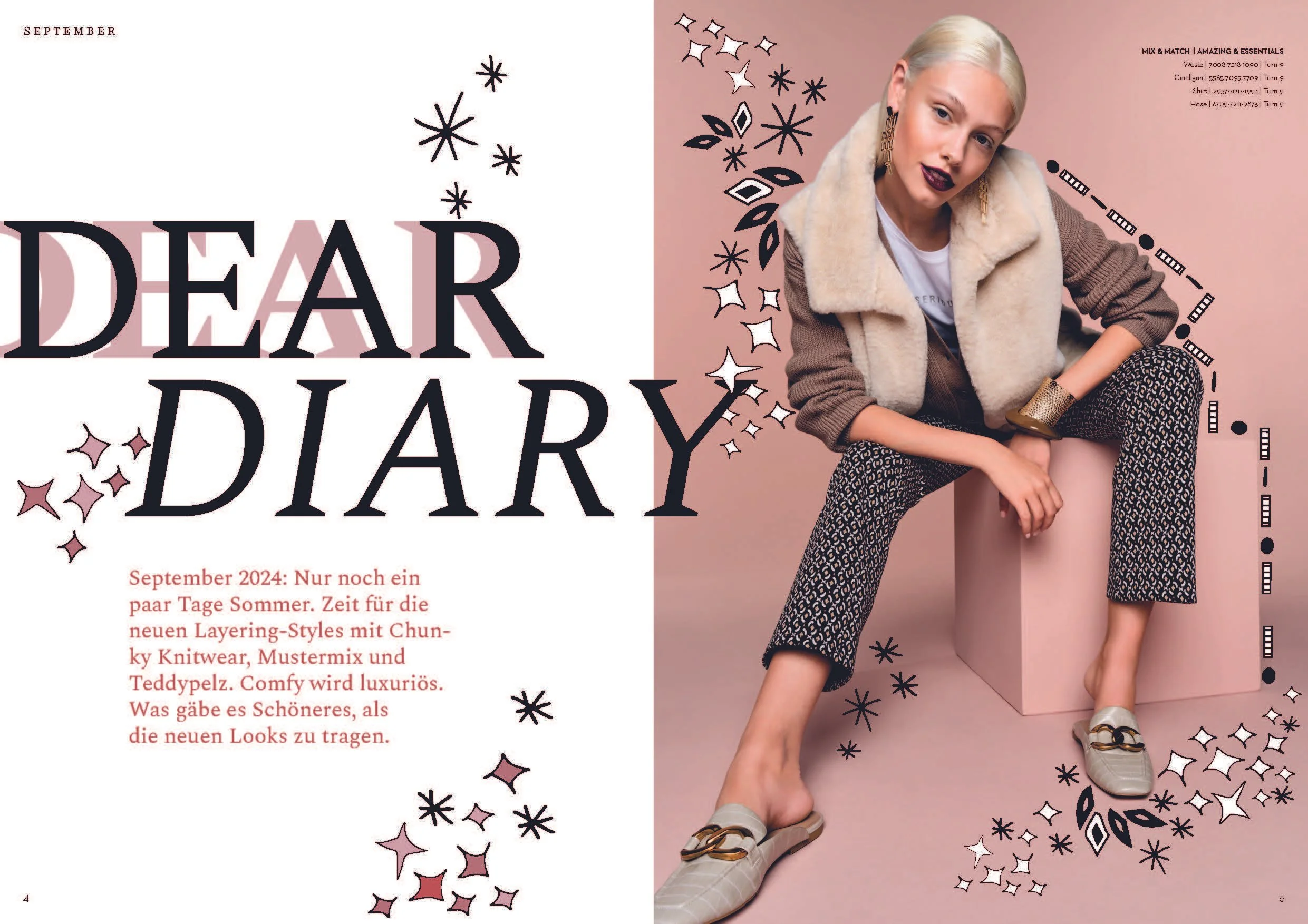 Doppelseite mit Model in gemusterter Hose, cremefarbener Weste, braun-beigem Cardigan und weißem T-Shirt, ergänzt durch Stern-, Quadrat- und Kreisillustrationen – kreativer FW2024-Layering-Look inszeniert von imagespy.