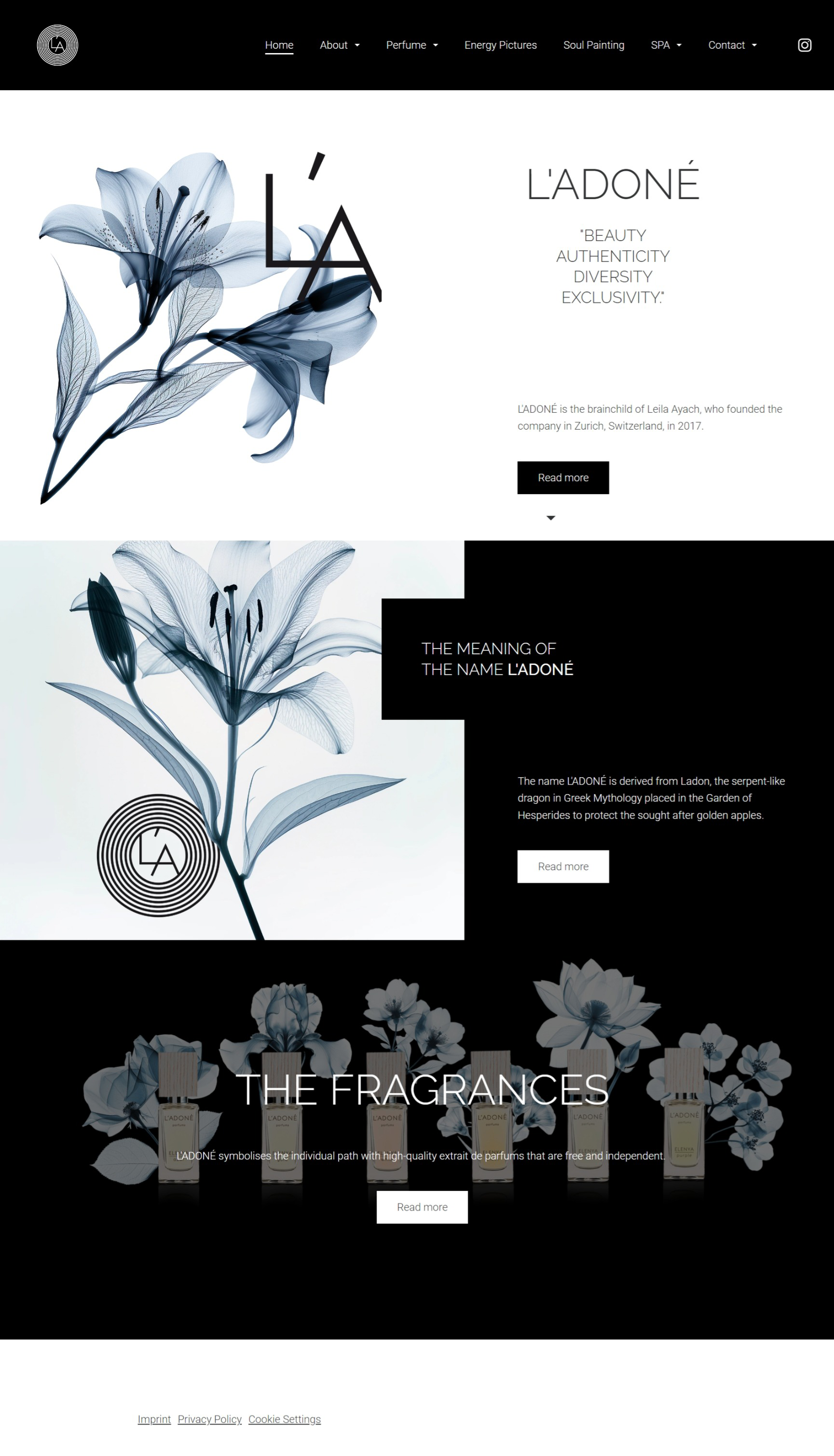 Screenshot der L'ADONÉ Website mit dem von imagespy entwickelten High-End Markenauftritt, basierend auf 3D-Design und KI-generierten X-Ray Blüten.
