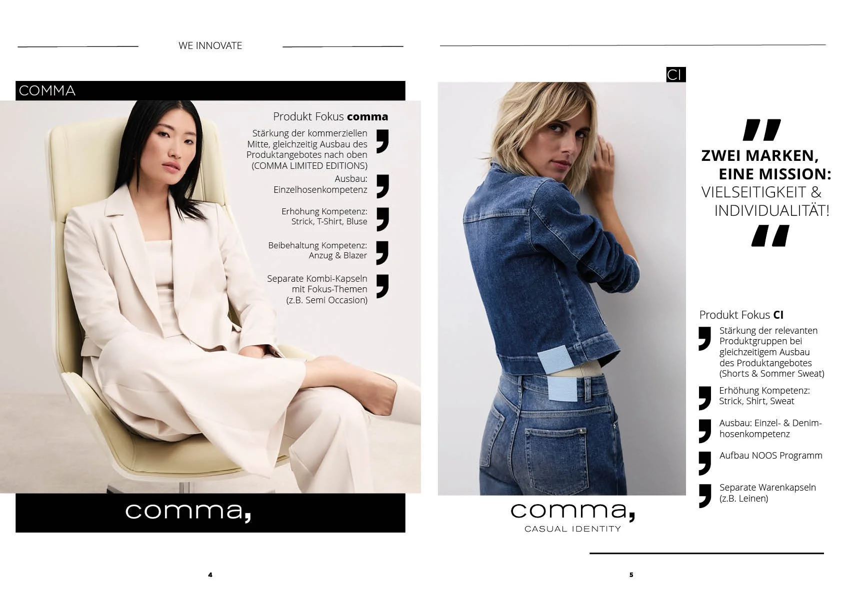 Seitenlayout aus dem comma Brandfolder 2025 „We innovate“ mit zwei Female Models im Anzug und Jeans-Outfit, modernes Editorial-Layout mit schwarzer Typografie auf weißem Hintergrund, umgesetzt von imagespy.