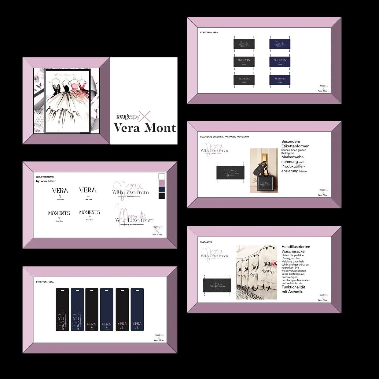 Collage der Corporate-Identity-Präsentation von Vera by Vera Mont mit Logoübersichten, Etiketten, Packaging-Elementen, Give-Aways und handillustrierten Wäschesäcken, entwickelt von imagespy.
