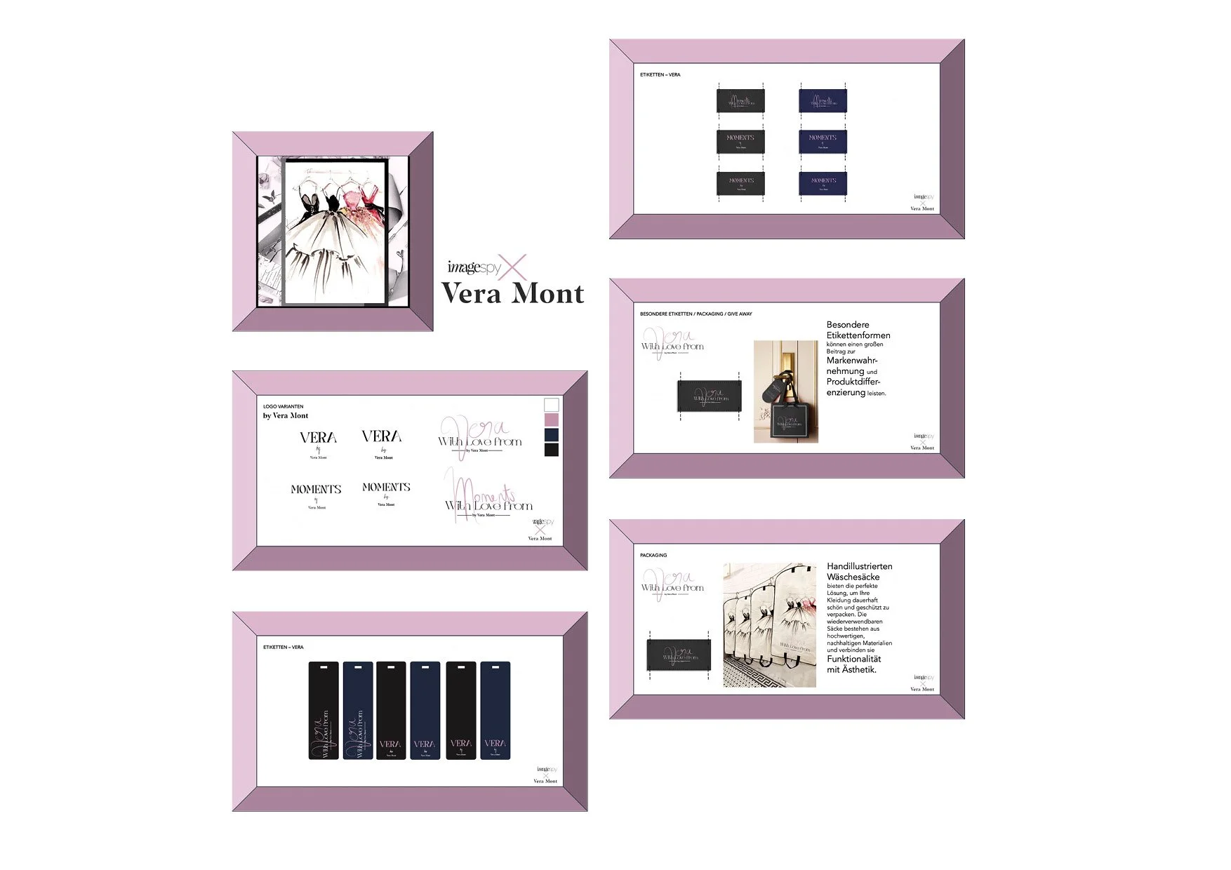 Collage der Corporate-Identity-Präsentation von Vera by Vera Mont mit Logoübersichten, Etiketten, Packaging-Elementen, Give-Aways und handillustrierten Wäschesäcken, entwickelt von imagespy.