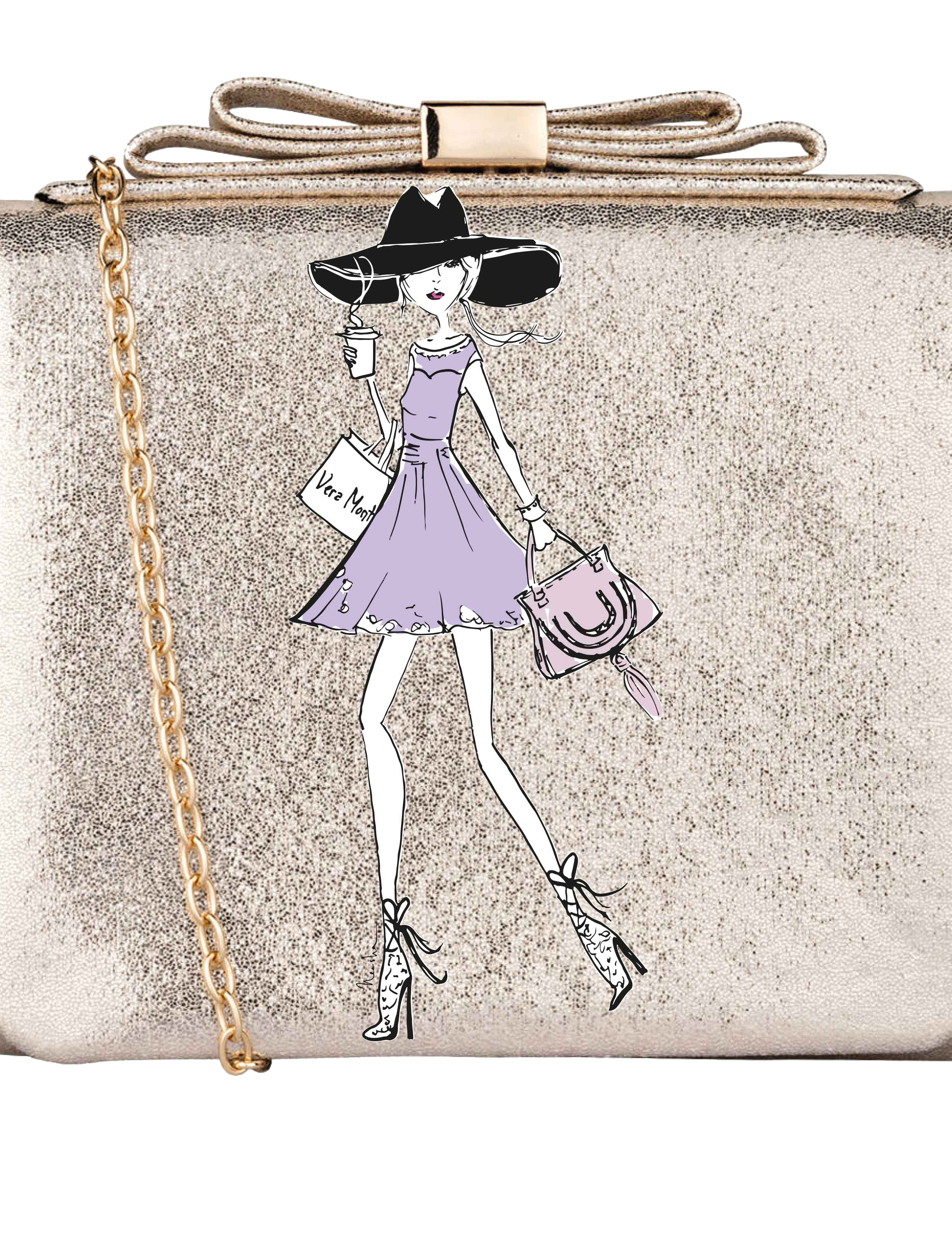 Goldene Tasche mit exklusiver Vera Mont Mode-Illustration von imagespy im Pariser Chic-Stil mit fliederfarbenem Kleid.
