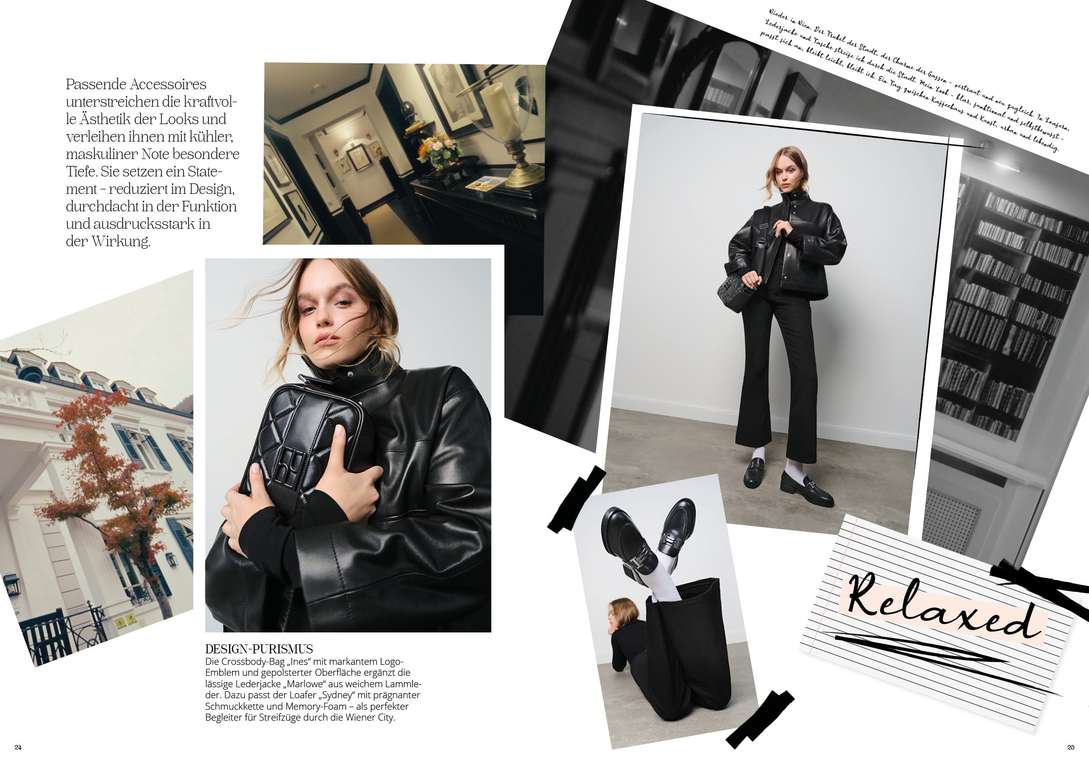 Model in schwarzem Outfit mit Högl Loafer „Sydney“ und Bag „Ines“, Studioaufnahme und Wiener Architektur, F/W 2025 umgesetzt von imagespy.