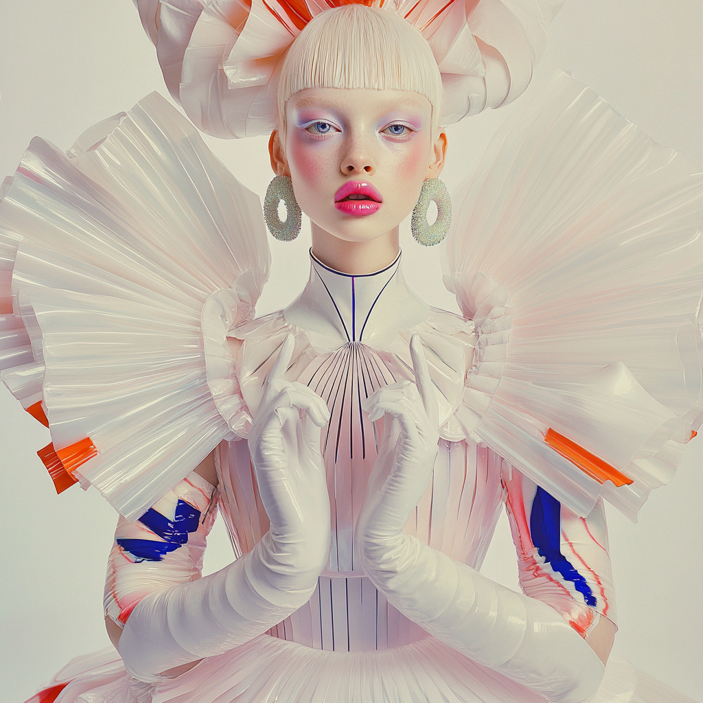 Progressive Modevision von imagespy für 2050: Eine Frau in skulpturaler, plissierter High-Fashion-Robe mit blauen und orangefarbenen Akzenten, generiert mit dem KI-Tool Nani.