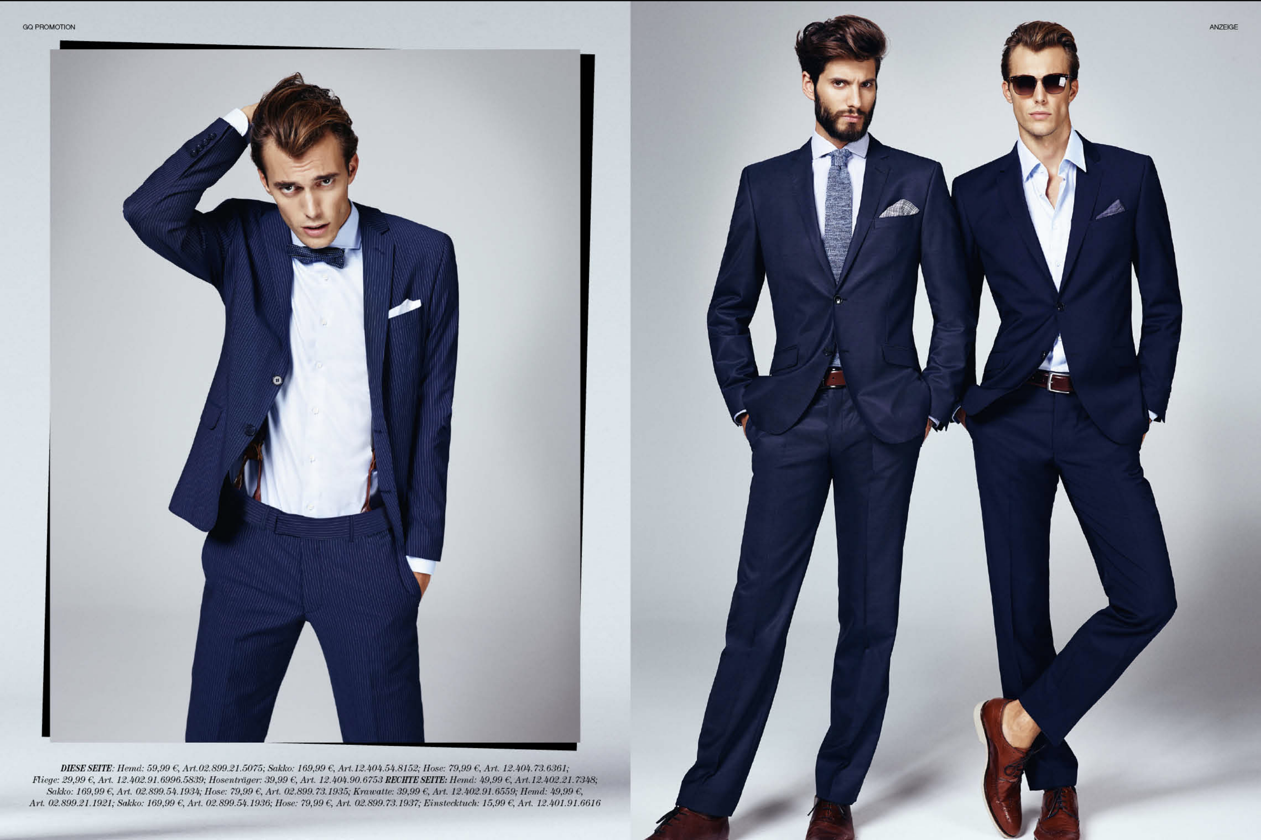 GQ Promotion by imagespy: Drei Male Models in blauen Anzügen, einer mit Sonnenbrille, Studioaufnahme für SIR OLIVER, elegante Editorial-Inszenierung.