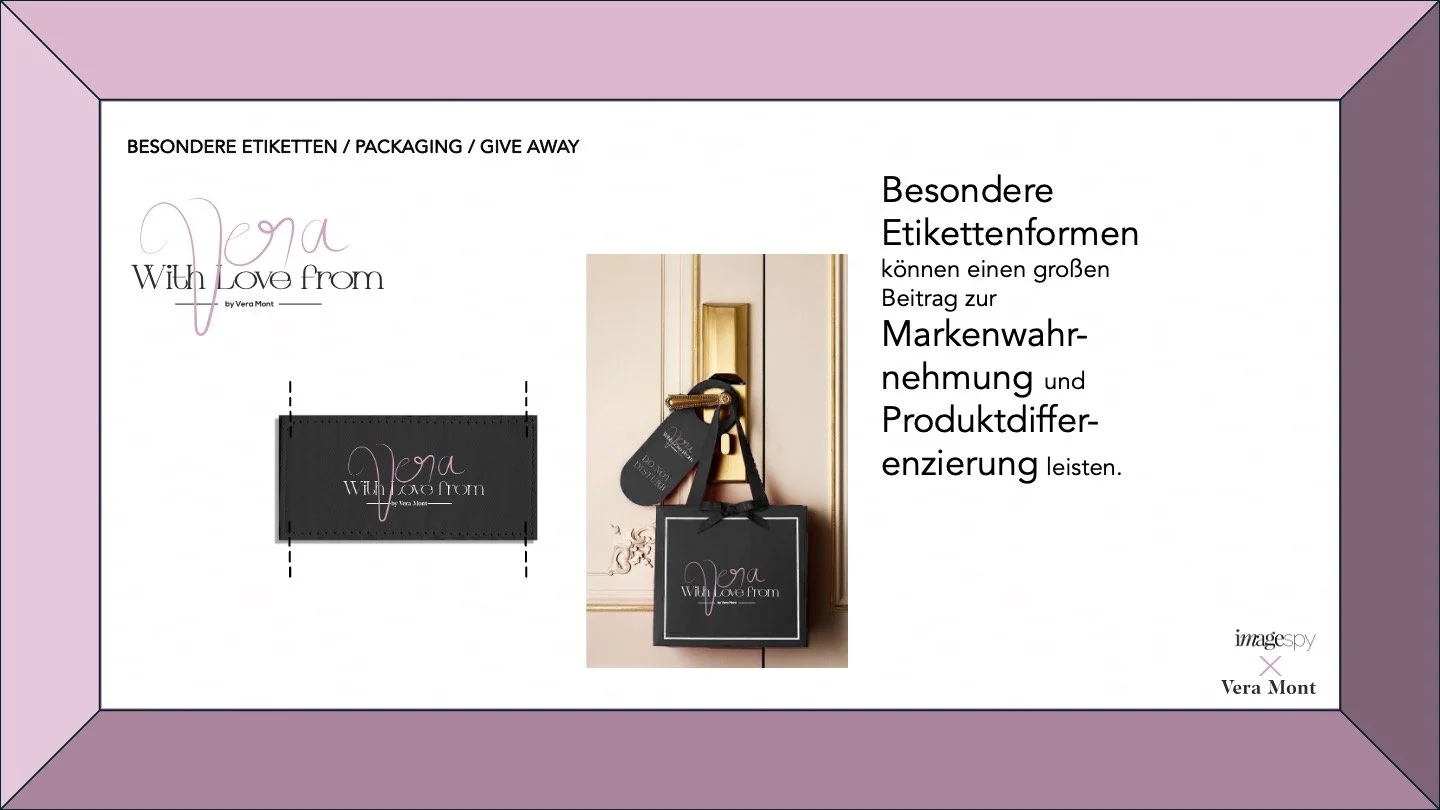 Corporate-Identity-Chart für die Marke Vera by Vera Mont mit Logo, Stoffetikett, Türanhänger und Shopping Bag als besondere Etiketten- und Packaging-Elemente, entwickelt von imagespy.