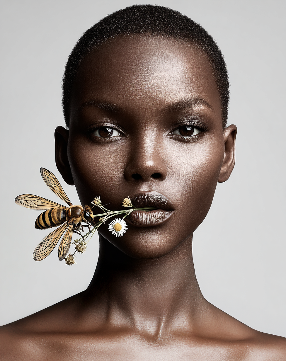 Portrait einer Frau mit dunkler Haut, die eine Blume mit einer Biene im Mund hält. KI-generiertes Visual von Nani für die Gelée Royal Kampagne von imagespy.