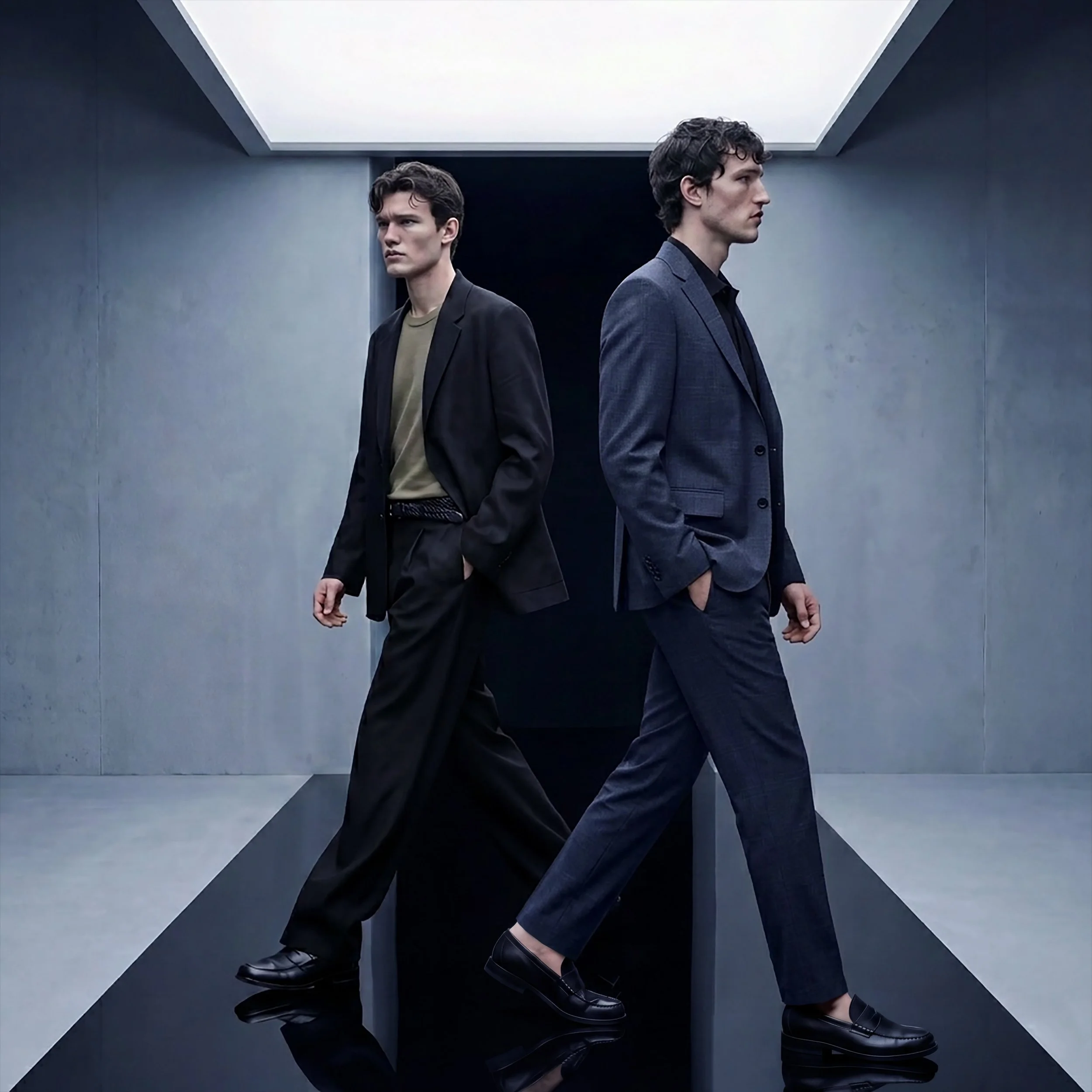 Virtueller B2B-Runway für den digitalen Sell-in, erstellt mit der imagespy Content Engine. Zwei Models auf einem digitalen Laufsteg präsentieren hochwertige Herrenmode.
