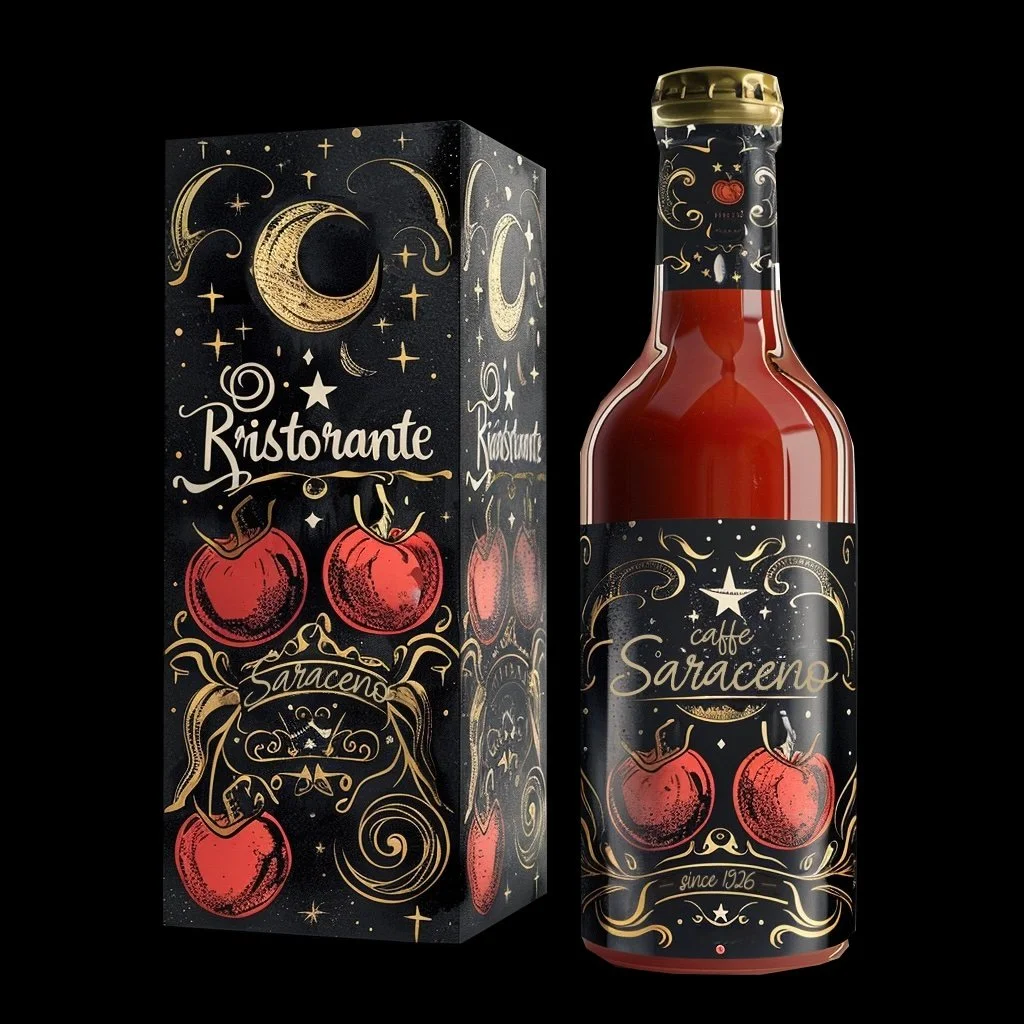 KI-generiertes Merchandise-Visual: Flasche Tomatensoße mit Verpackung mit goldenem Halbmond- und Sternmotiv sowie roten Tomaten für das Caffè Saraceno, erstellt von imagespy.