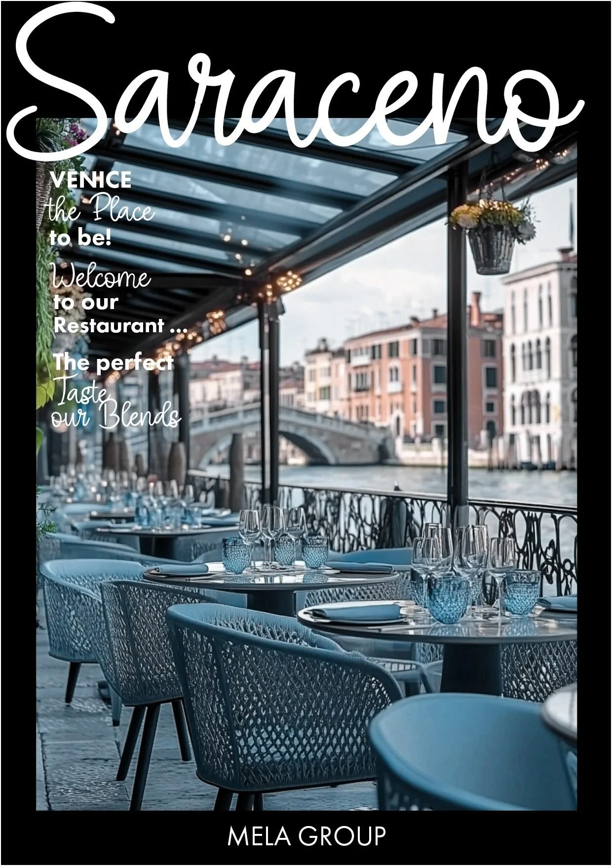 KI-generiertes Magazin-Cover des Caffè Saraceno mit Terrassenmotiv am Canal Grande in Venedig, umgesetzt von imagespy.