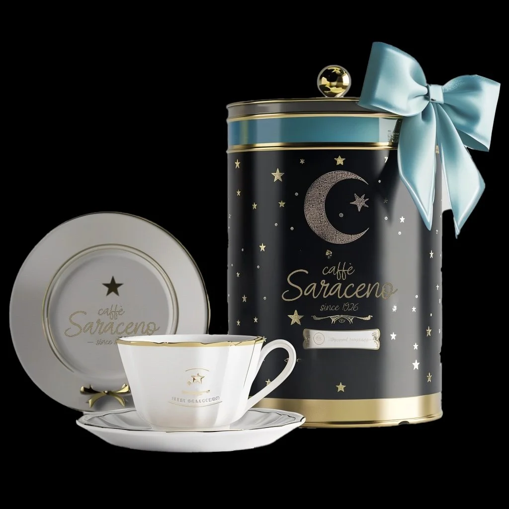 KI-generiertes Merchandise-Visual: Weiß-goldene Kaffeetasse mit Untertasse und Kaffeedose mit goldenem Halbmond- und Sternmotiv sowie blauer Schleife für das Caffè Saraceno, erstellt von imagespy.