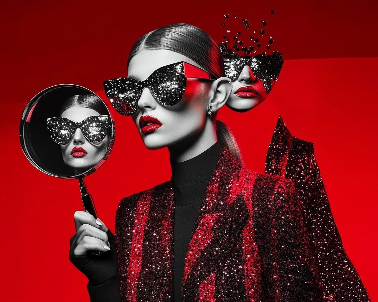 KI-generiertes Porträt einer Frau von der Seite, hält Spiegel, im funkelnden Fashion-Look, realisiert von imagespy mit Nani.