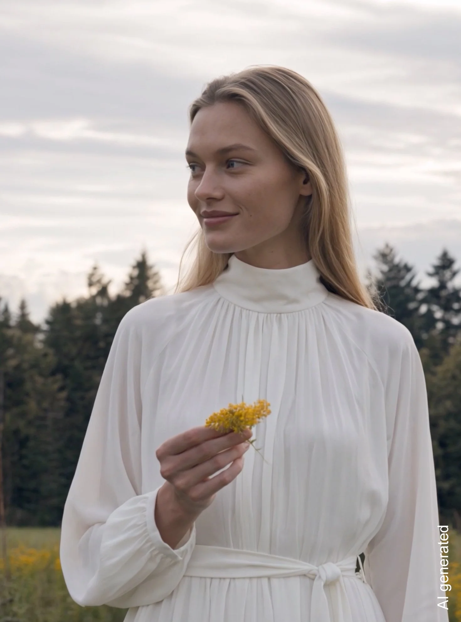 AI-generiertes Detailmotiv von imagespy: Model mit Goldrutenblüte im plissierten Stehkragenkleid, zeigt Texturen in High-End-Qualität