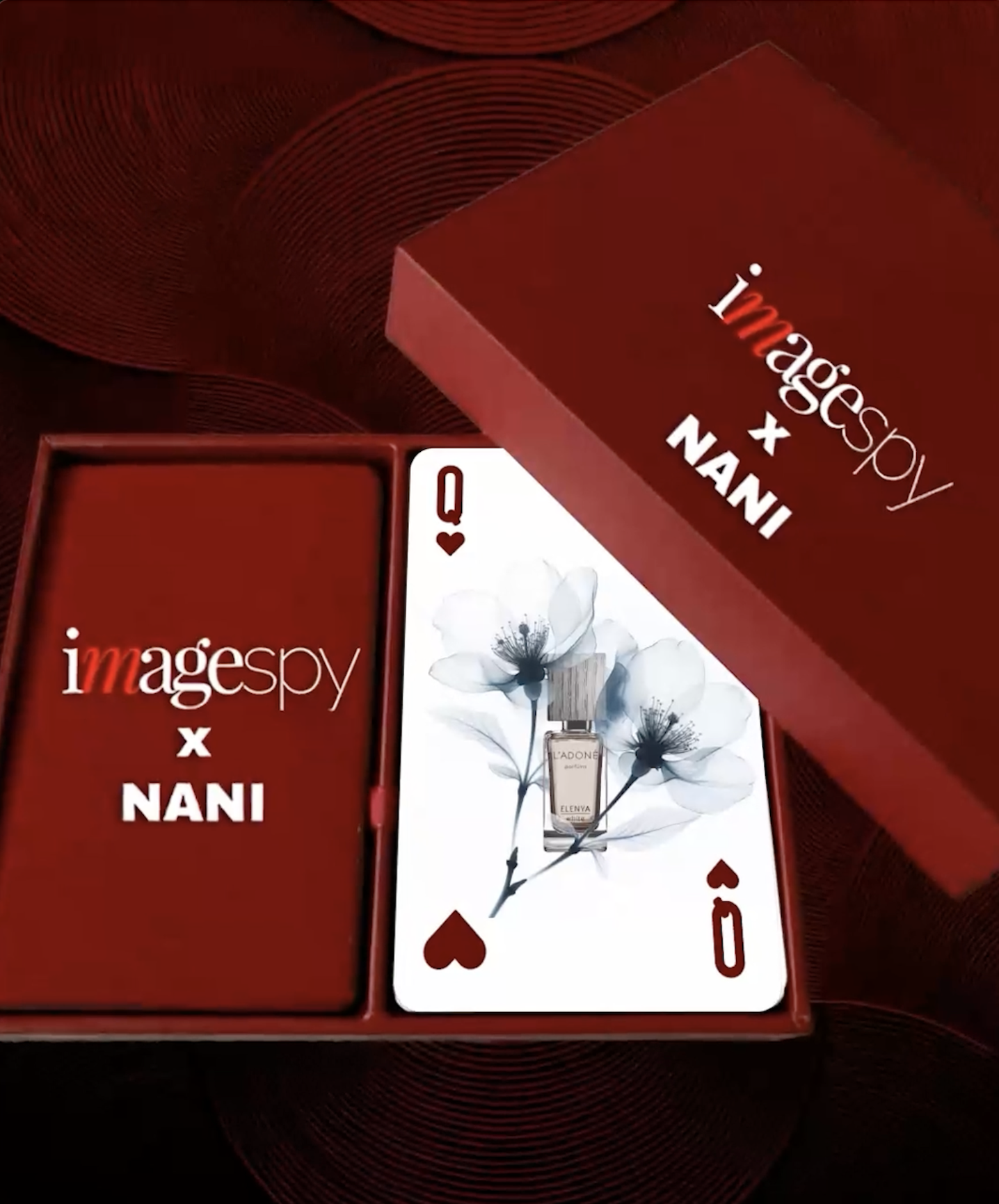 Markenentwicklung von imagespy x NANI: Eine rote Box mit Spielkarten symbolisiert die strategische Verbindung von KI-gestützter Analyse und kreativer Markenführung.