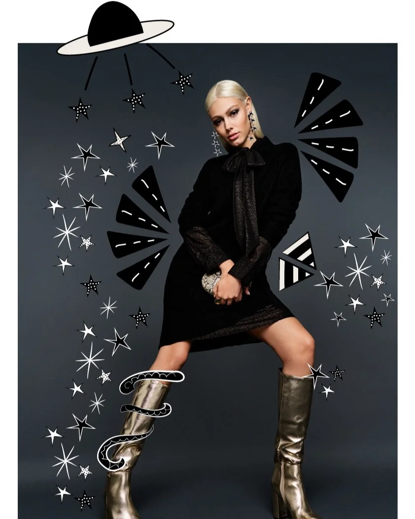 Schwarzes Strickkleid über schwarz-gold glitzerndem Blusenkleid mit Schleifendetail, ergänzt durch schwarz-weiße Stern- und Dreieckillustrationen – kreativer Weekend-Look aus der Cartoon Daydream Kollektion FW2024, inszeniert von imagespy.
