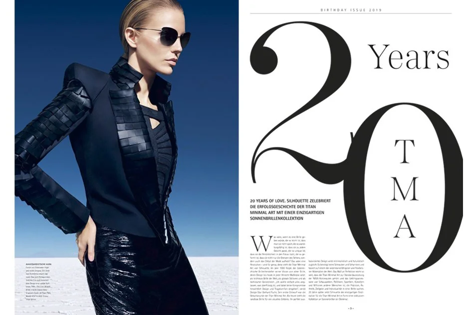 Silhouette TMA 20 Jahre Ausgabe 2019 Seite 2/3 mit Frau in schwarzem Kleid und schwarzer Sonnenbrille, umgesetzt von imagespy.