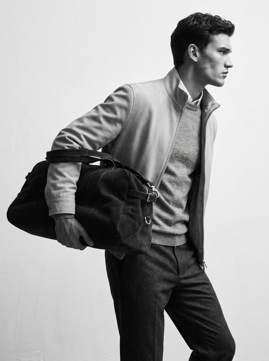 Elegant gekleideter Mann in Seitenansicht mit einer dunklen Reisetasche in Schwarz-Weiß-Optik. Automatisierte KI-Bild- & Video-Produktion für moderne Brands mit imagespy – für maximale Sichtbarkeit.