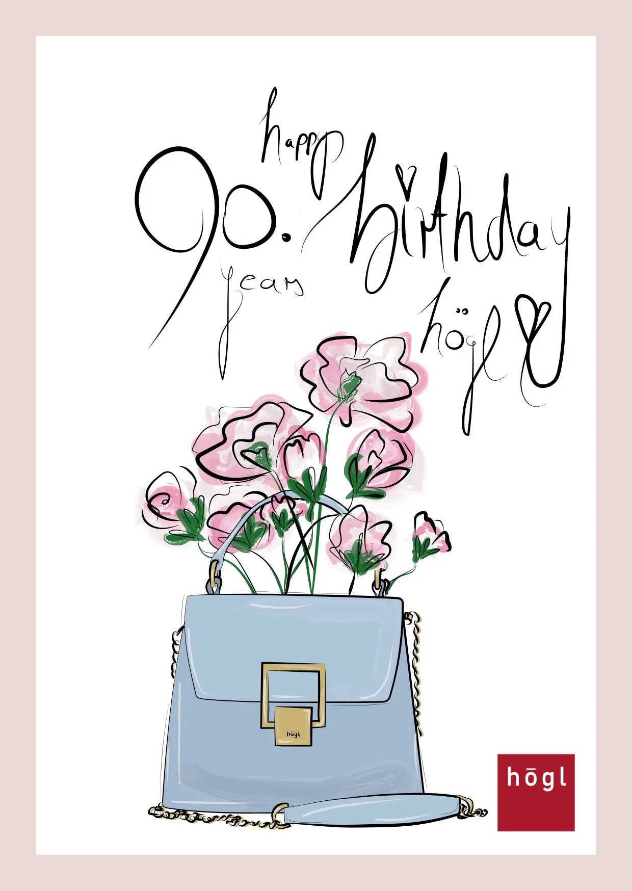 Limitierte Högl Jubiläums-Postkarte zum 90. Geburtstag mit floraler Handtaschen-Illustration, präsentiert von imagespy als Zeichen für Tradition und Vision.