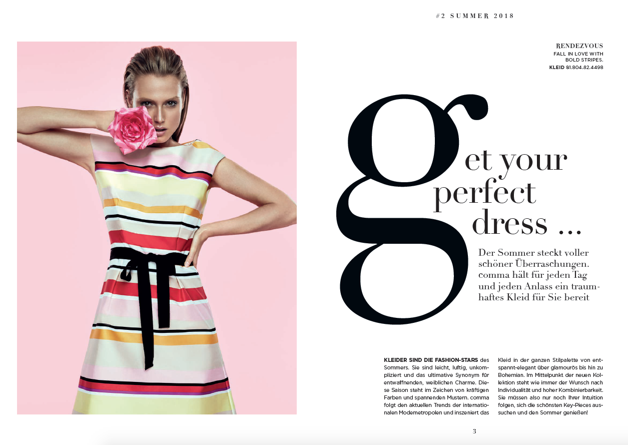 Von imagespy gestaltete Magazin-Doppelseite für comma Summer 2018 mit einem farbenfroh gestreiften Sommerkleid und dem Titel Get your perfect dress.