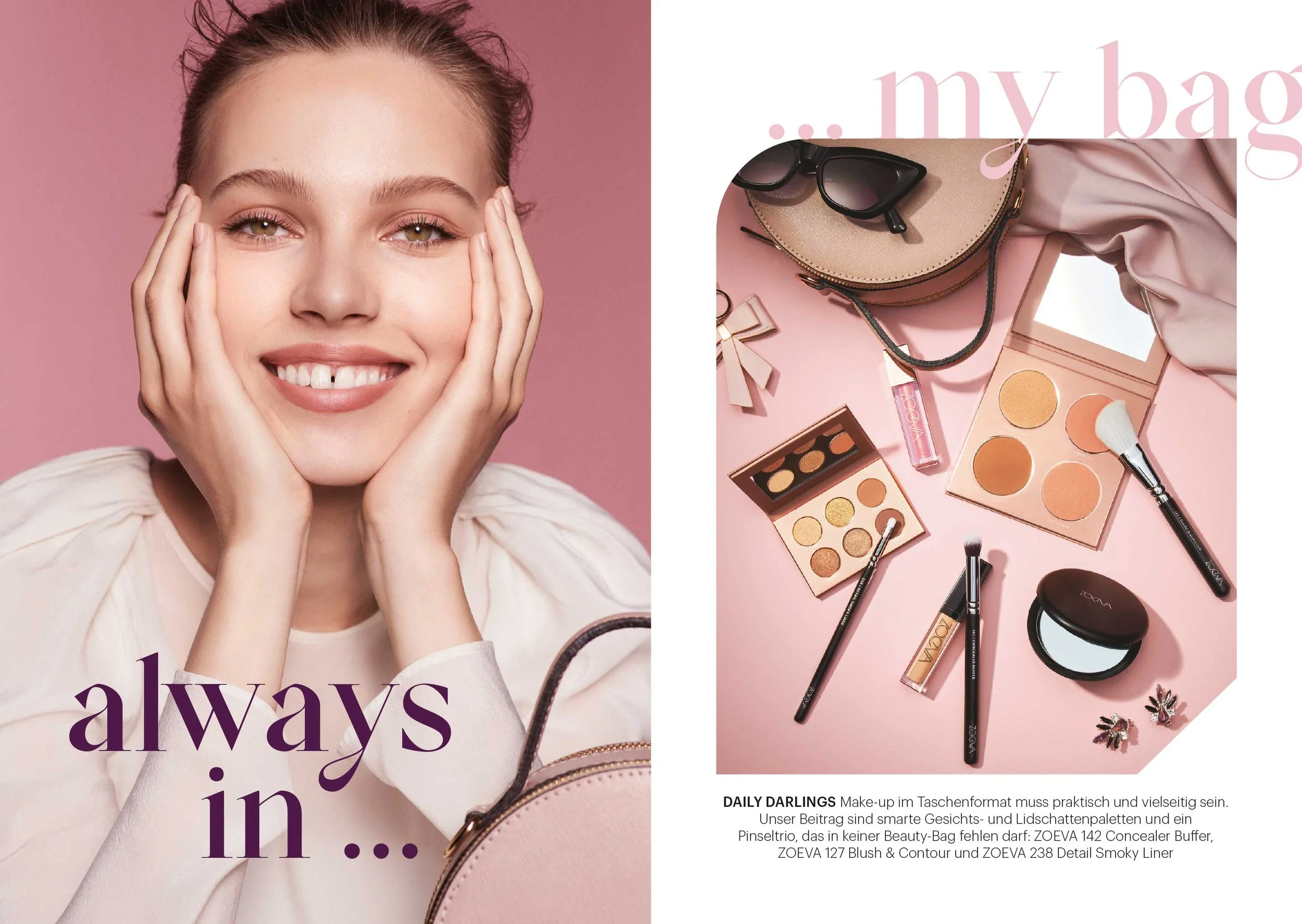 Ein von imagespy gestaltetes ZOEVA Beauty-Booklet mit Model-Fotografie und Produkt-Flatlay für die Daily Darlings Kosmetik-Serie.