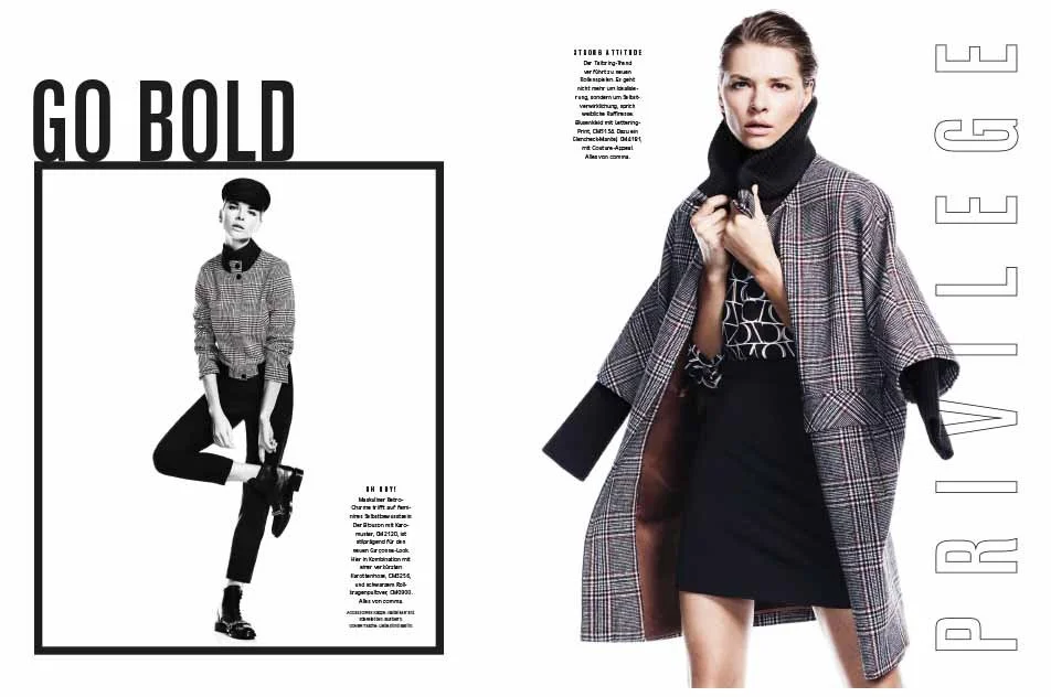 Doppelseite der Vogue-August-Ausgabe 2019 für comma: Links Schwarzweiß-Model in Caro-Jacke und schwarzer Hose, rechts Model in Farbe mit Caro-Mantel, Rock und gemusterter Bluse, Headline Privilege, umgesetzt von imagespy.