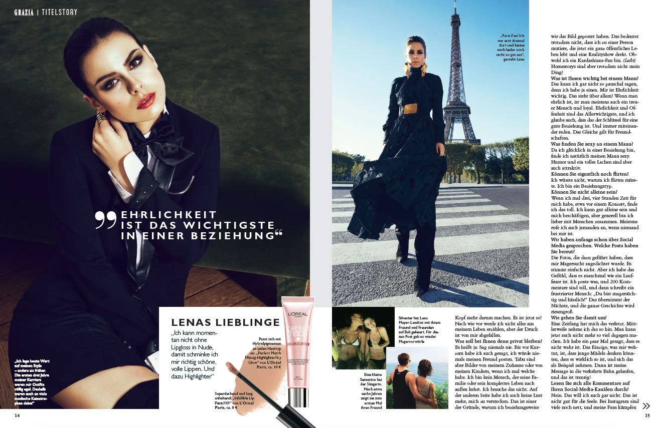 Von imagespy inszenierte GRAZIA-Doppelseite mit Lena Meyer-Landrut vor dem Eiffelturm in Paris und einer Produktvorstellung von L’ORÉAL PARIS Highlights.