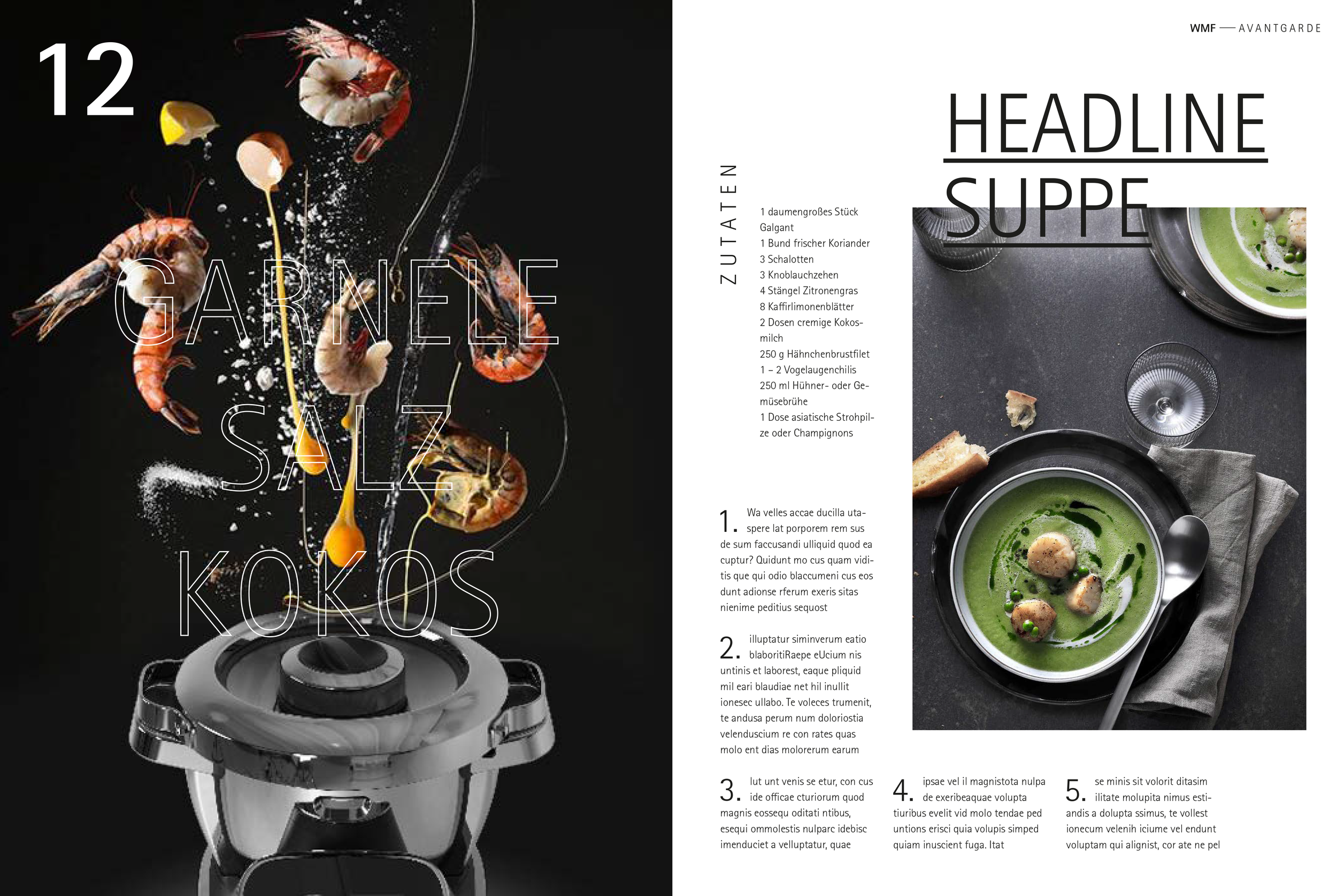 Redaktionelles Magazin-Layout von imagespy: WMF Avantgarde Cooking Processor mit dynamischer Zutaten-Inszenierung links und einem stilvollen Rezept für grüne Suppe rechts.