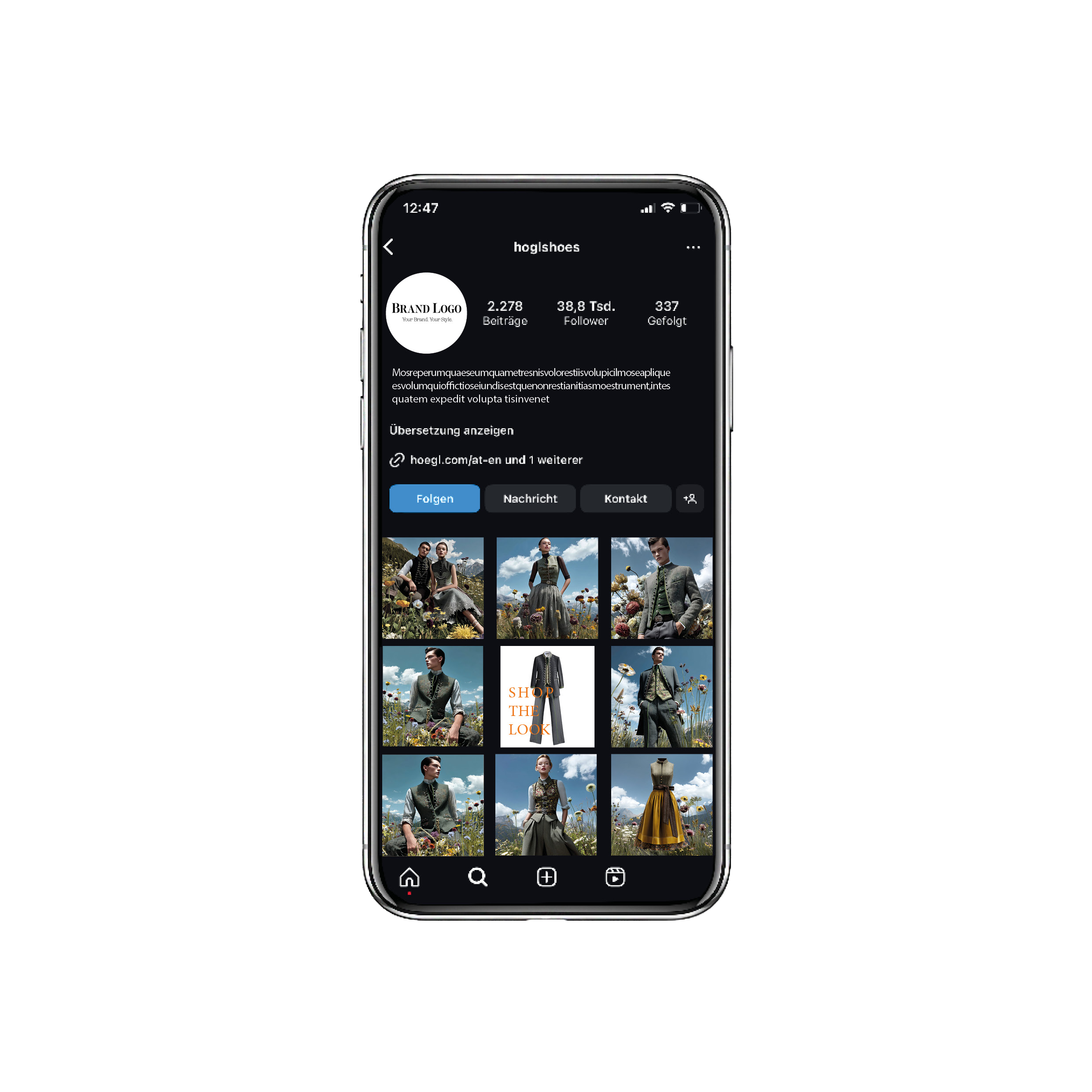 Instagram-Profil-Mockup auf einem Smartphone mit einem KI-generierten Trachten-Feed, erstellt mit dem AI-Tool Nani von imagespy.