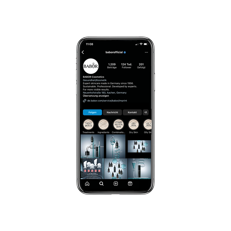 Smartphone-Mockup des Babor Instagram-Profils mit der Doctor Babor PRO Kampagne im Feed, professionell kuratiert von imagespy.