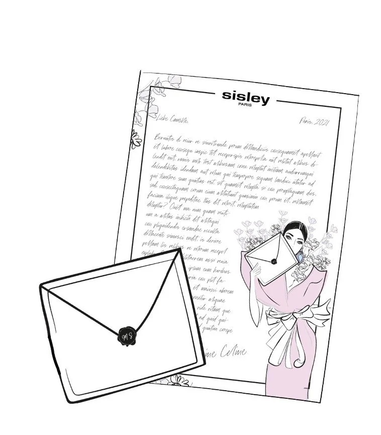 imagespy Design: Exklusives Layout für die Maison Sisley Loveletter-Aktion mit einer Illustration einer Frau und einem versiegelten Briefumschlag.