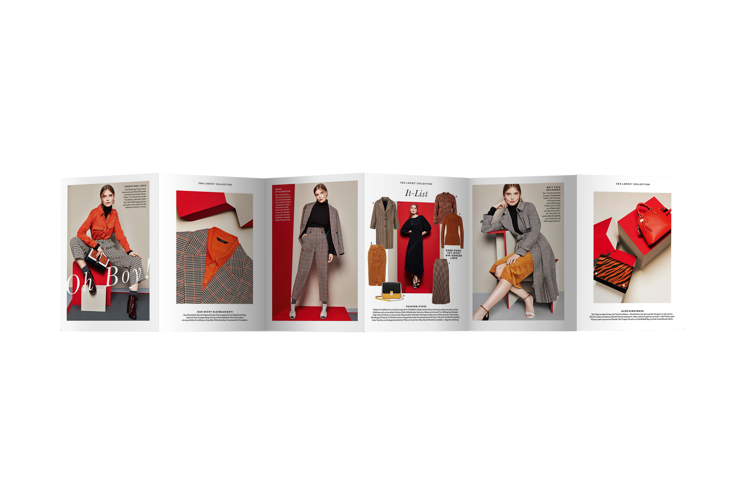 Rückseite des C&A Yessica Premium Lookbooks H/W 2019, Editorial-Stil-Fotografie der Kollektion, PR Special realisiert von imagespy.