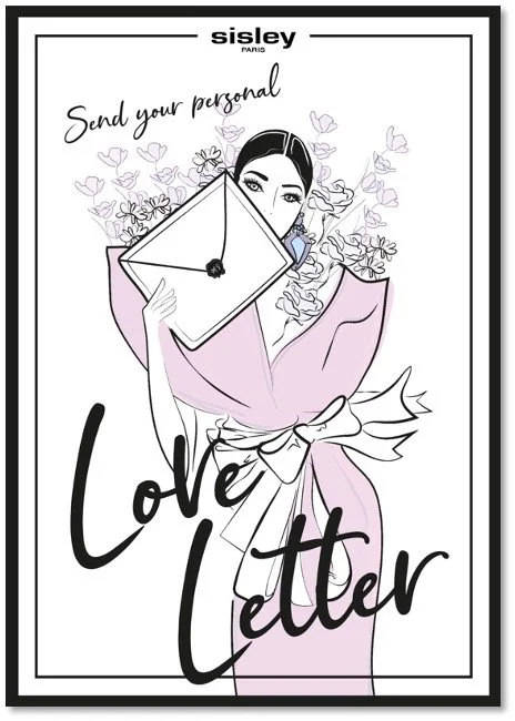 imagespy Design: Illustriertes Kartenlayout für Maison Sisley mit einer Frau, die einen versiegelten Brief hält, umrahmt von Blumen und dem Schriftzug Loveletter.