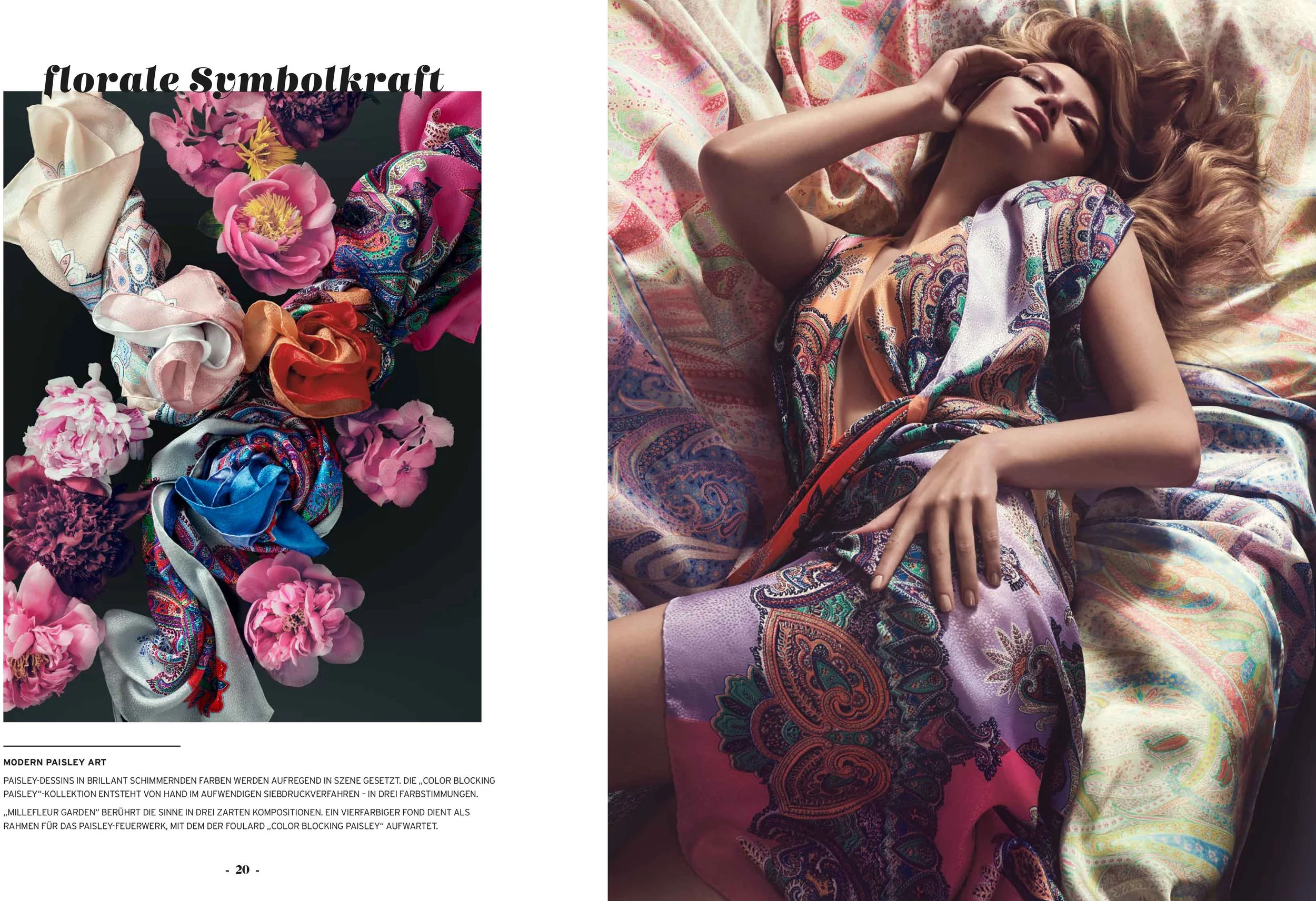 Roeckl Magazine Spring/Summer 2017 Doppelseite 20/21 „Florale Symbolkraft“ mit Paisley-Tüchern, Pfingstrosen und Frau mit Tuch als Kleid, umgesetzt von imagespy.