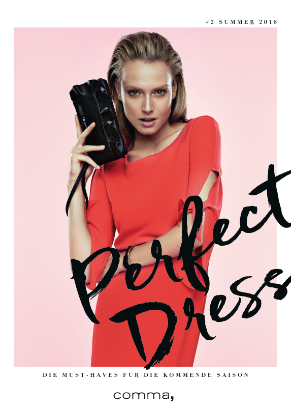 Von imagespy inszeniertes Cover des comma Magazins Summer 2018 mit einem korallfarbenen Kleid und dem Slogan Perfect Dress.