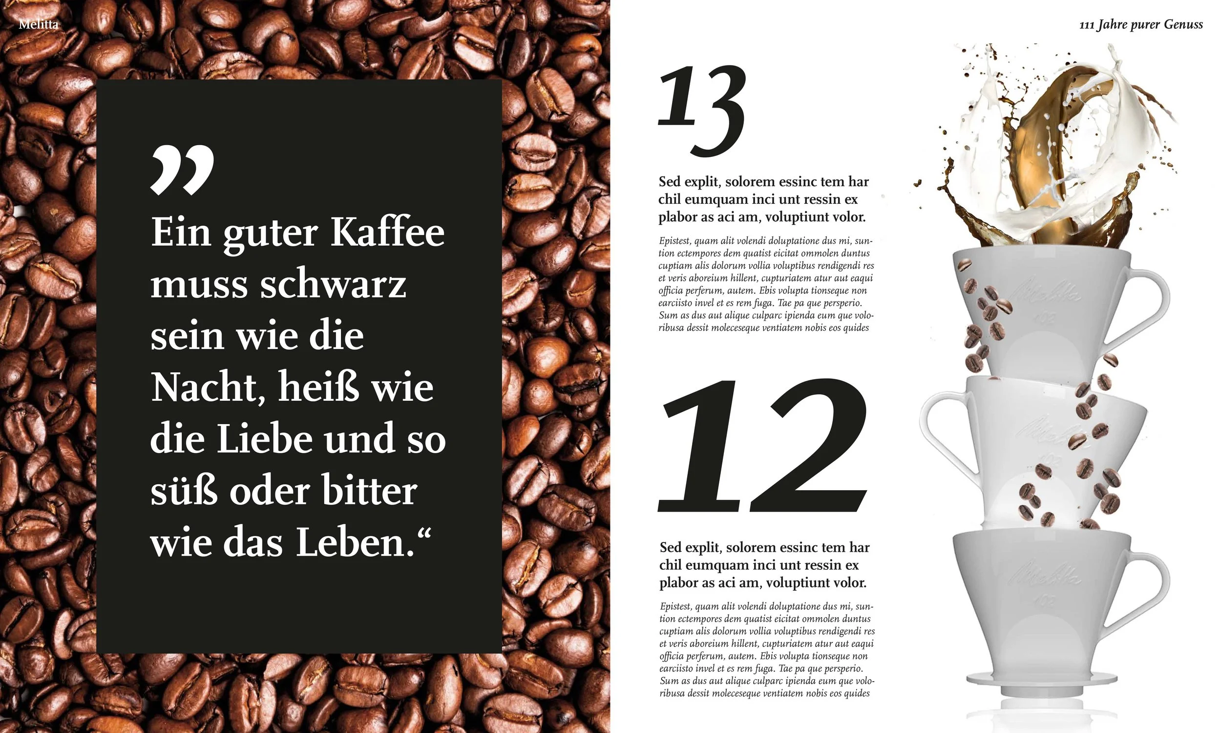 Design-Layout von imagespy für Melitta: Doppelseite mit emotionalem Kaffee-Zitat auf Bohnenhintergrund und einer dynamischen Stapel-Visualisierung ikonischer Porzellanfilter 102 zum 111. Jubiläum.
